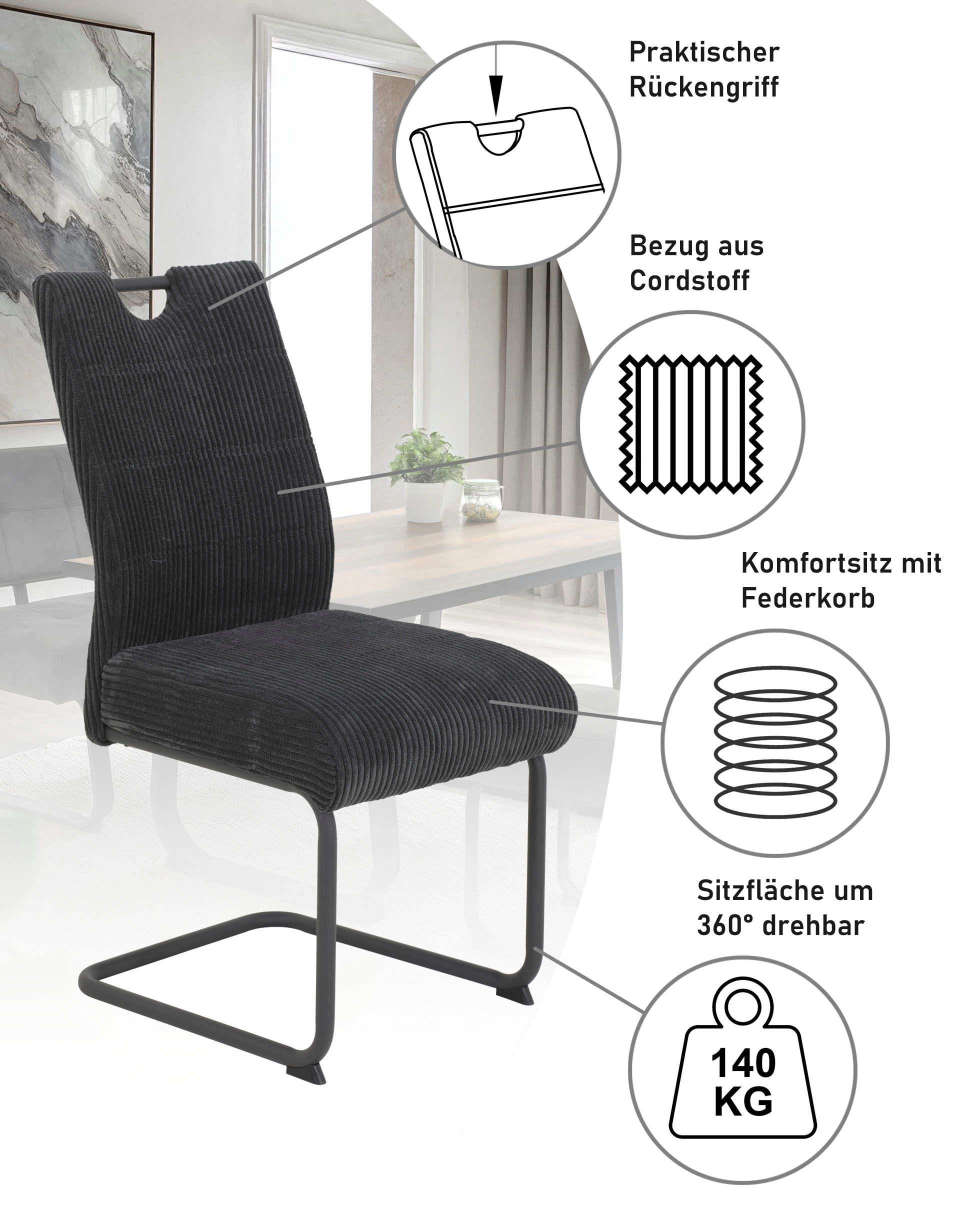 HELA Chaise cantilever »MERKUR XL« (Set) 2 cuisFederkern, 140 Kg Belastbarkeit, Cord Bezug, 2er & 4er Set