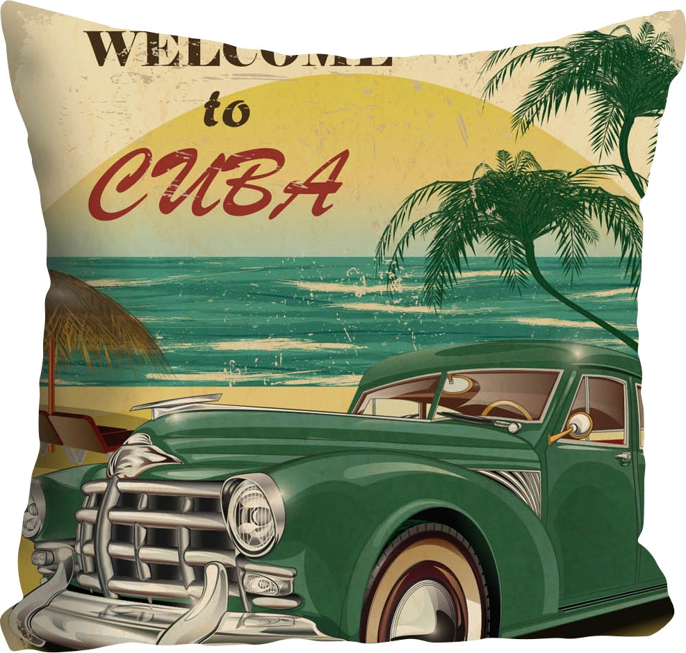 queence Coussin décoratif »Welcome to Cuba« avec inscription et voiture, housse de coussin sans rembourrage, 1 pièce
