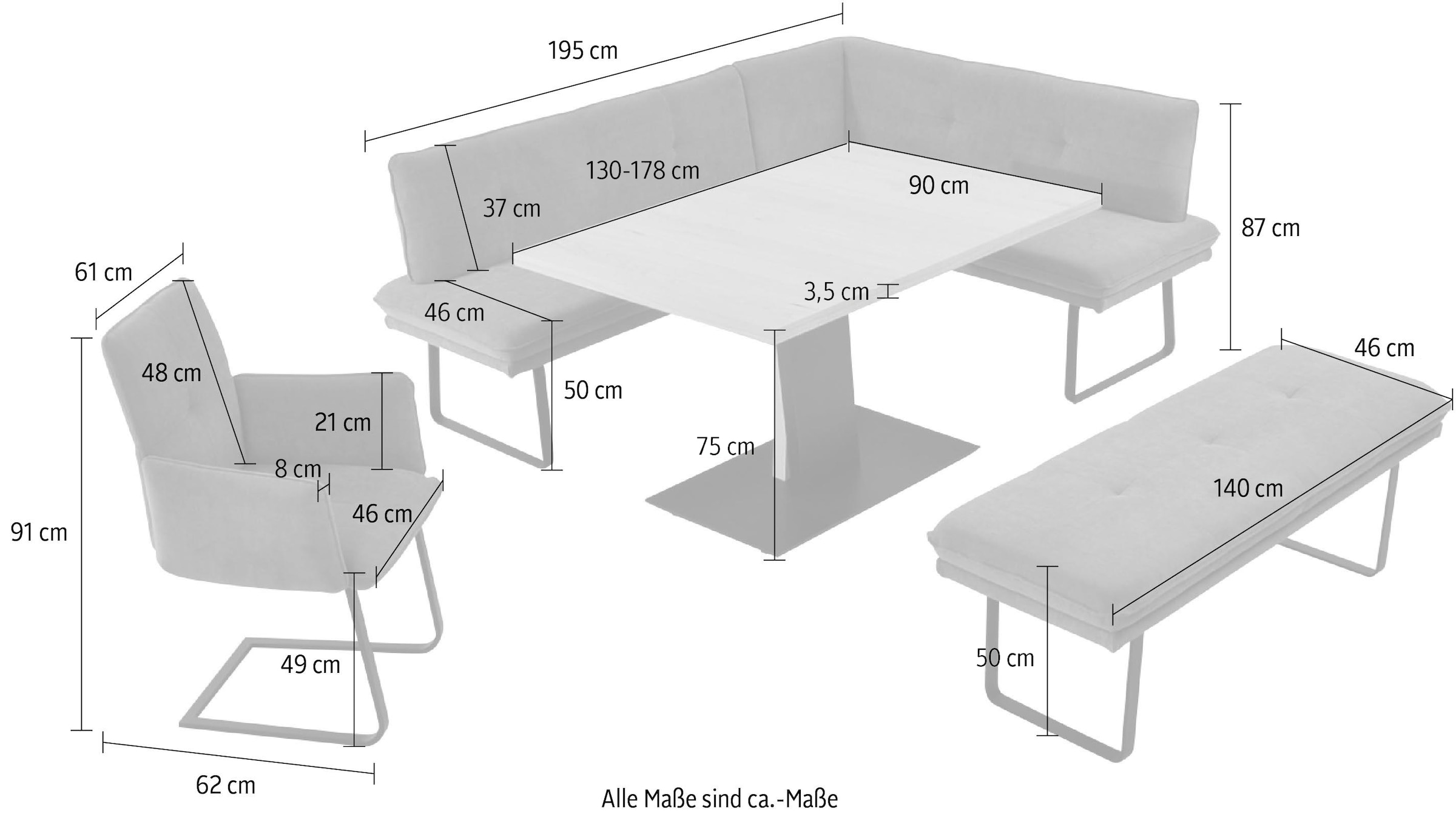 K+W Komfort & Wohnen Essgruppe »Giacomo III« 4 Stk. tlg. wahlweise links oder rechts langer Schenkel 207cm, Freischwingersessel
