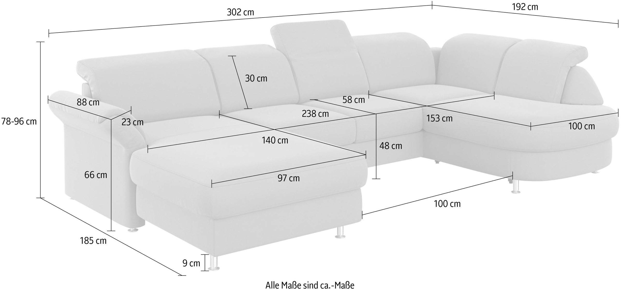 sit&more Wohnlandschaft »Apulia U-Form« wahlweise Bettfunktion, Bettkasten und Kopf- und Armteilverstellung