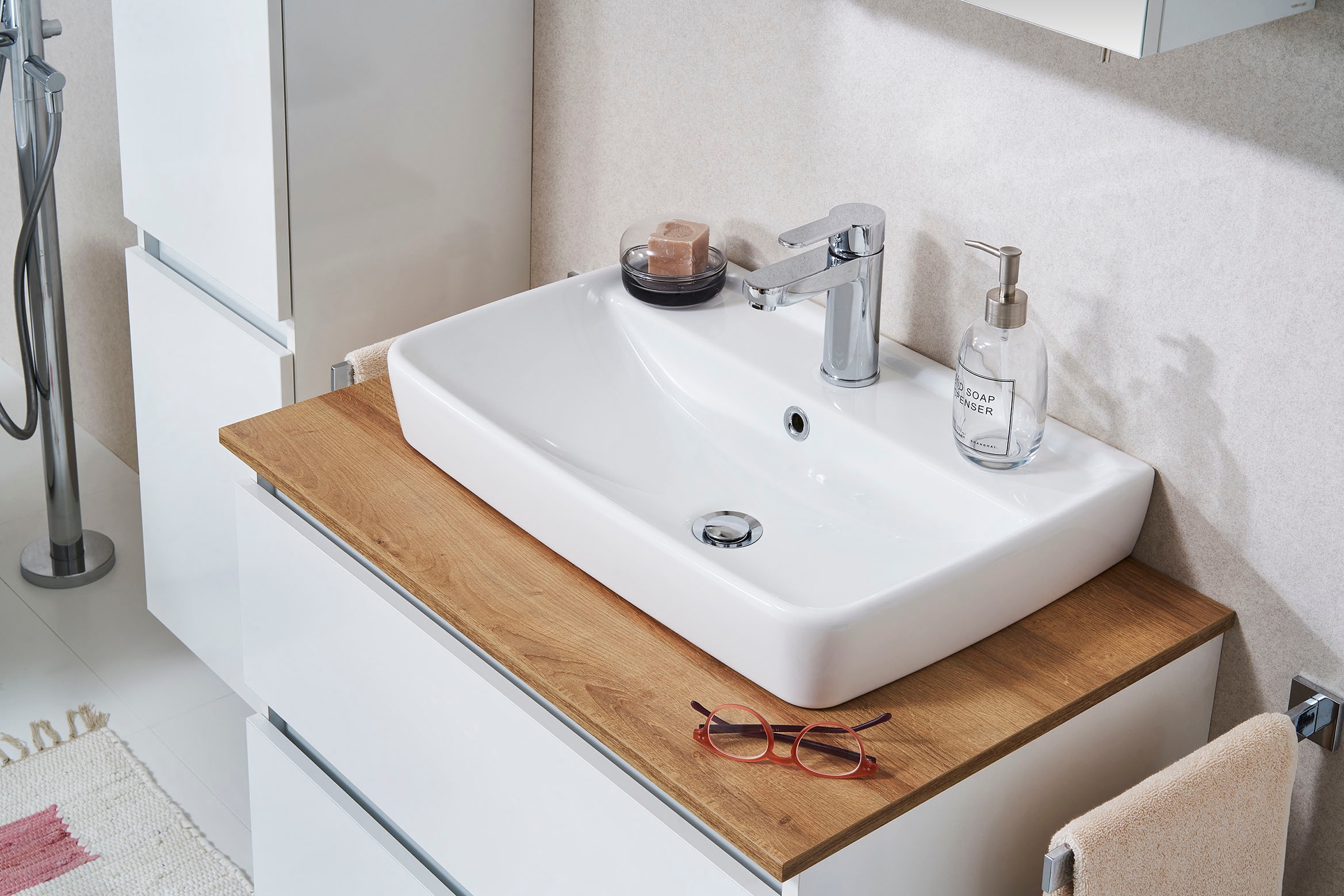 Saphir Waschtisch »Quickset 360 Waschplatz mit Keramik-Aufsatzbecken, wandhängend« Waschtischplatte, 78 cm breit, Weiss Glanz, 2 Schubladen