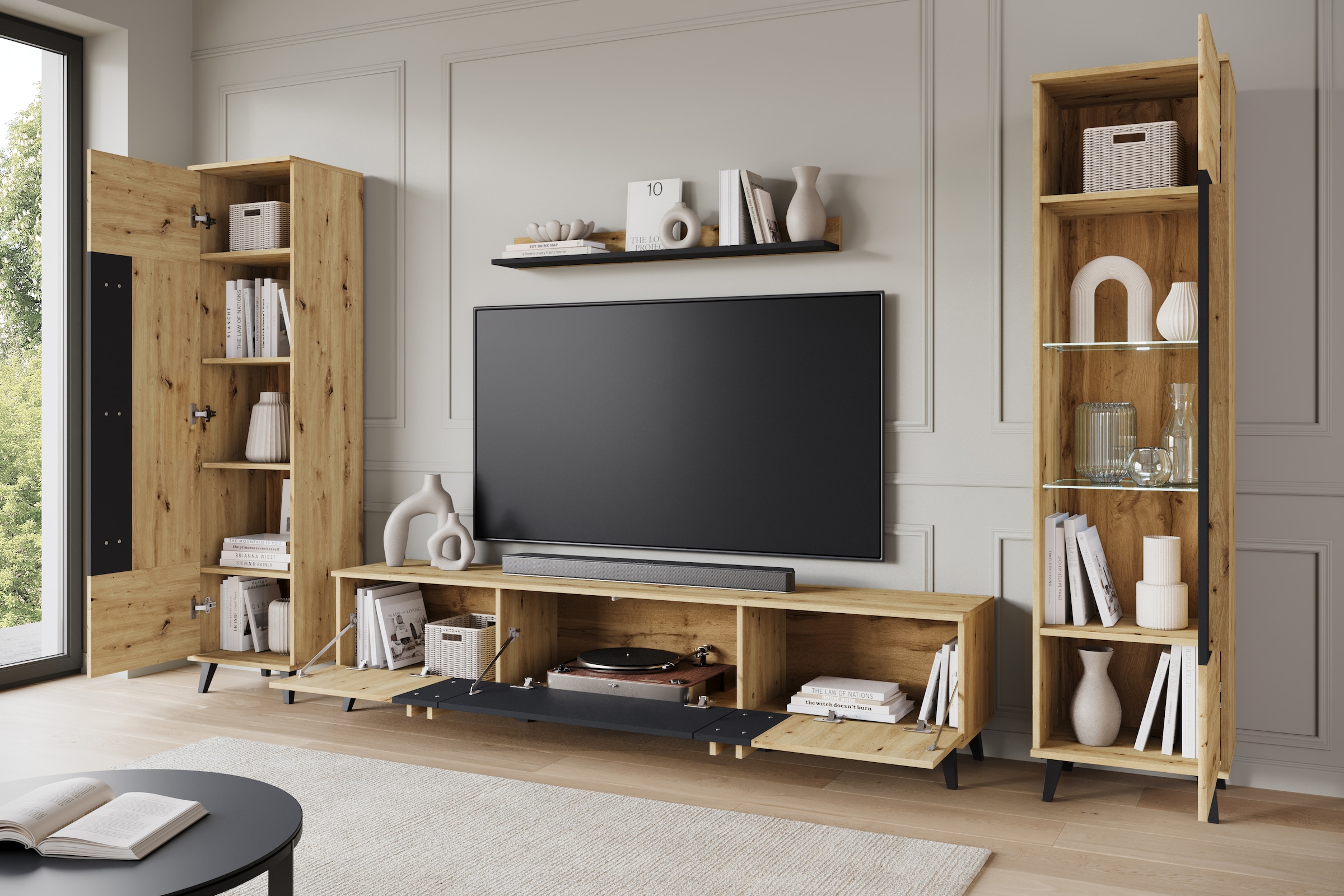 Home affaire Wohnwand »Helsinki, Modernes Set mit verglaster Vitrine« Komplett-Set, 4 Stk. tlg.