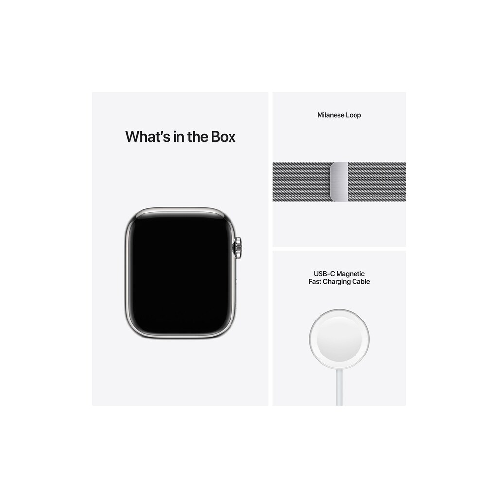Apple Smartwatch »Serie 7, GPS, 45 mm Edelstahlgehäuse mit Milanaise-Armband«, (Watch OS MKJW3FD/A)