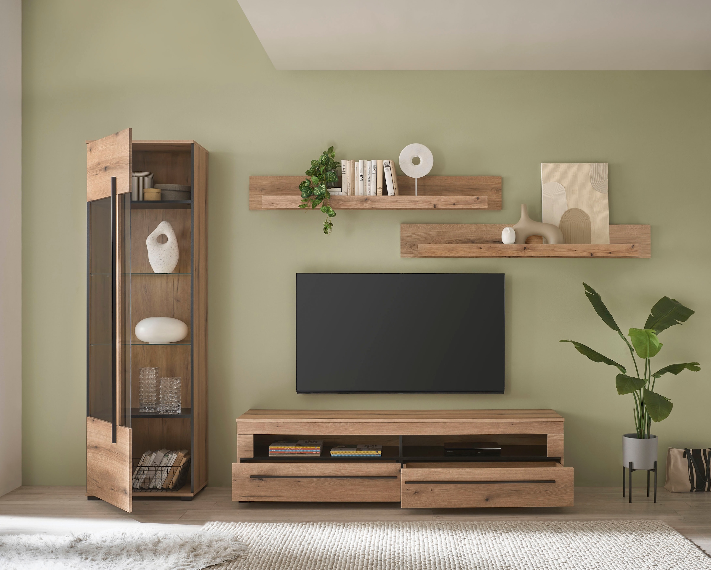 INOSIGN Wohnwand »Cantara, moderne Anbauwand, Wohnzimmer-Set, in Eiche Evoke oder Weiss«, (Set), enthält eine Vitrine, ein Lowboard und zwei Wandboards