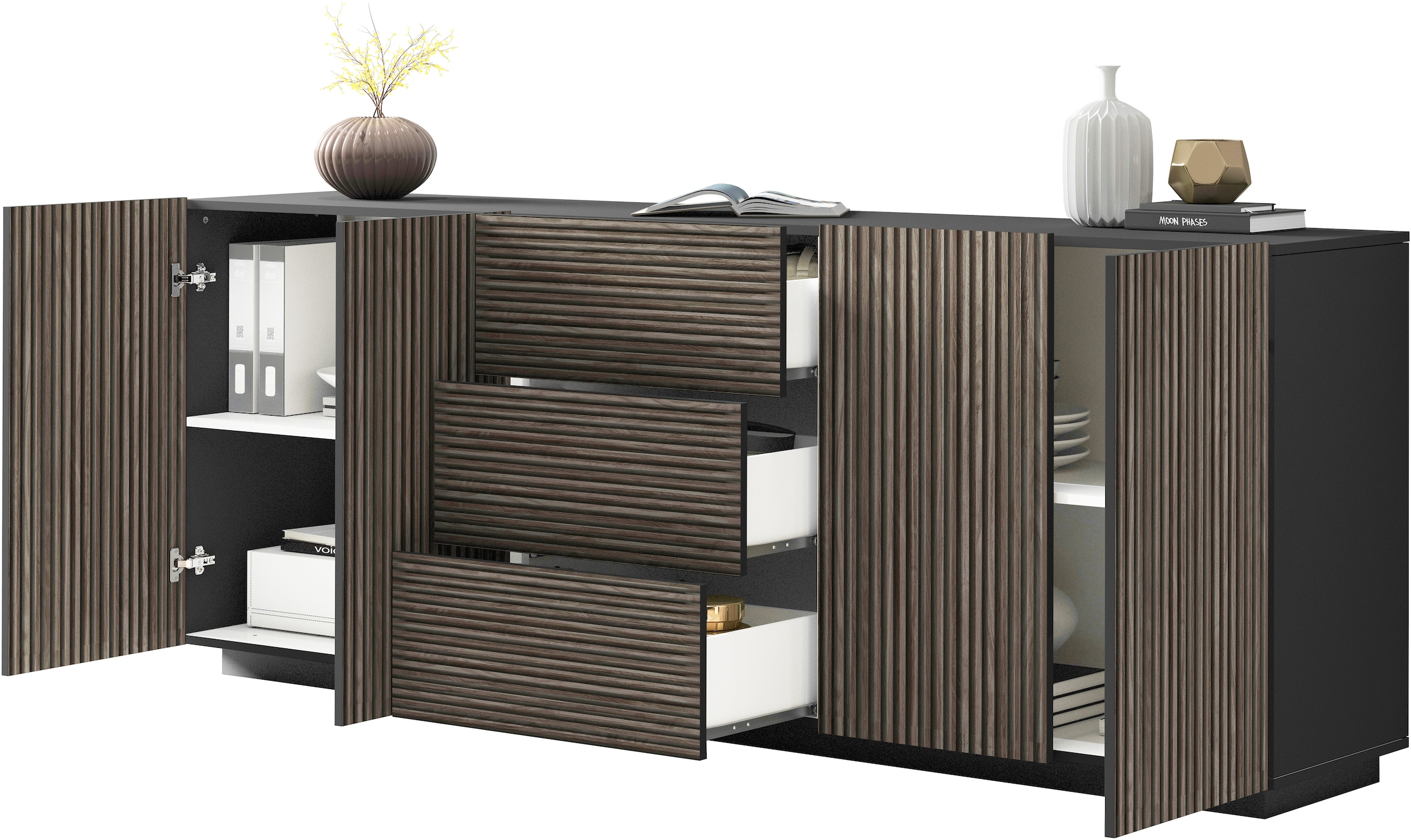 INOSIGN Sideboard »Vega Sideboard,Kommode,220 cm«, mit 4 Türen und 3 Schubladen,Fronten mit Rillen-Optik