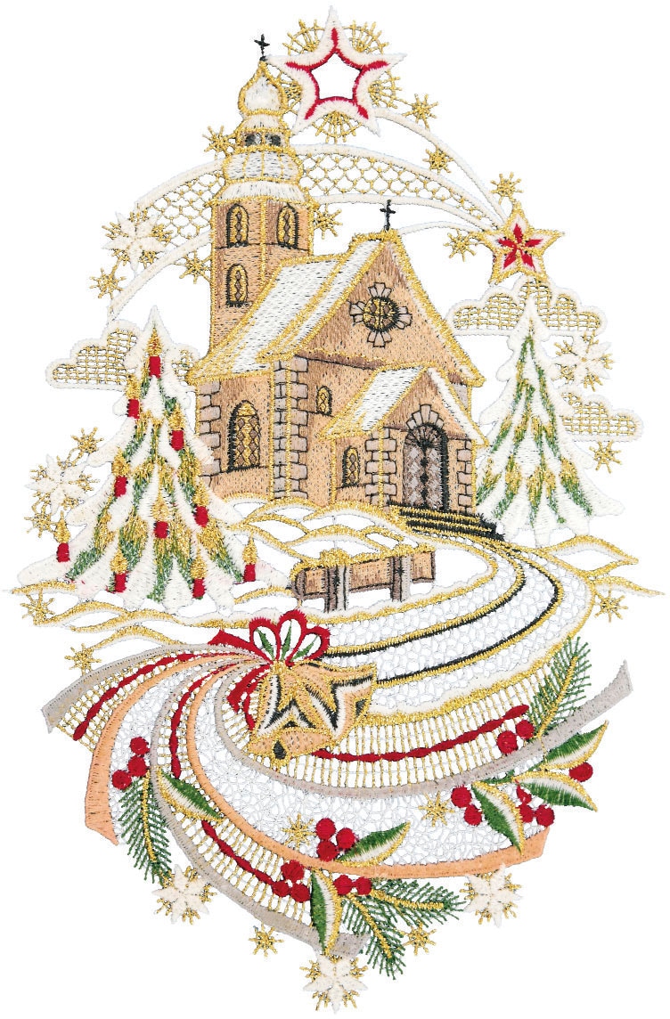 Image of W. Reuter & Sohn - Plauener Spitze Fensterbild "Weihnachtskirche" Made in Germany