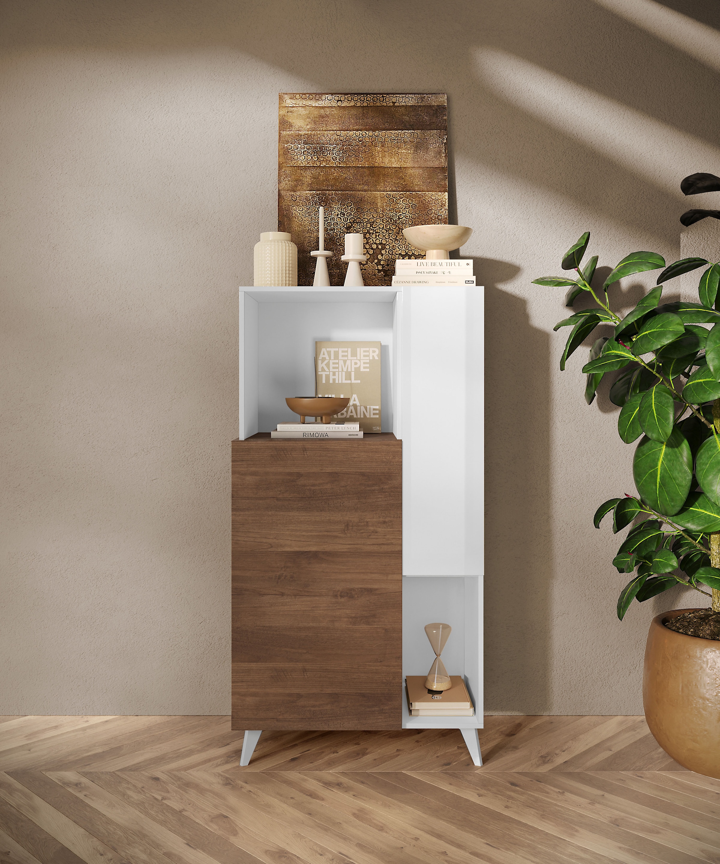 INOSIGN Buffet haut »Monaco Höhe 154 cm, Stauraumschrank mit 2 Türen (4 Fächer) und 2 offen« Hohe, schmale Kommode – sanftes Schliessen, edles Design, viel Platz