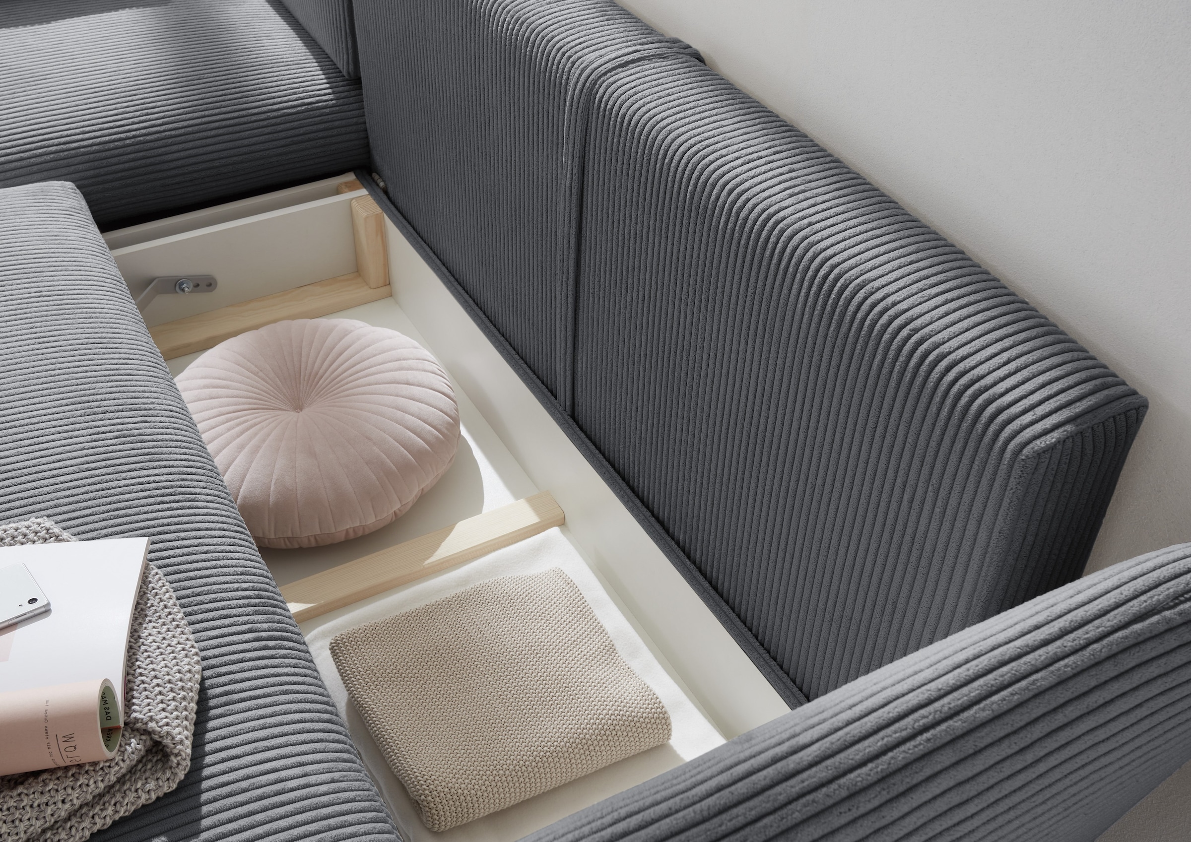 andas Ecksofa »MERLE, 258 cm, L-Form, traumhafter Cord,« mit Bettfunktion und Bettkasten, Liegefläche 224 x 139