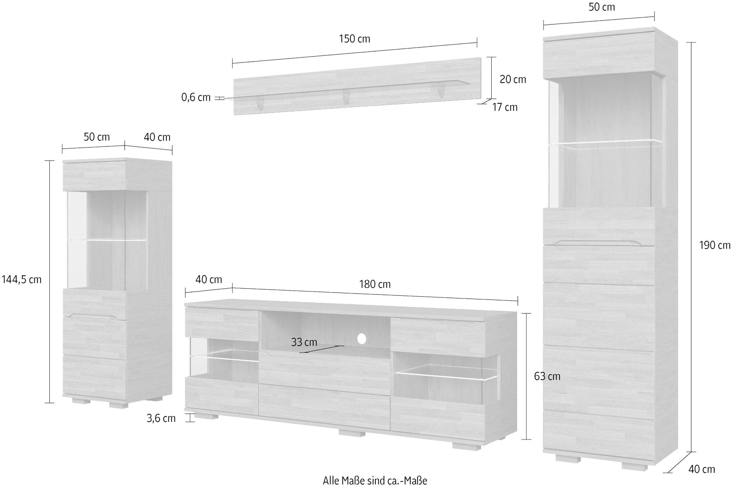 GOODproduct Wohnwand »VETRO: besteht aus 2 Vitrinen, 1 Lowboard & 1 Wandregal, Wohnzimmer.« 4 Stk. tlg.