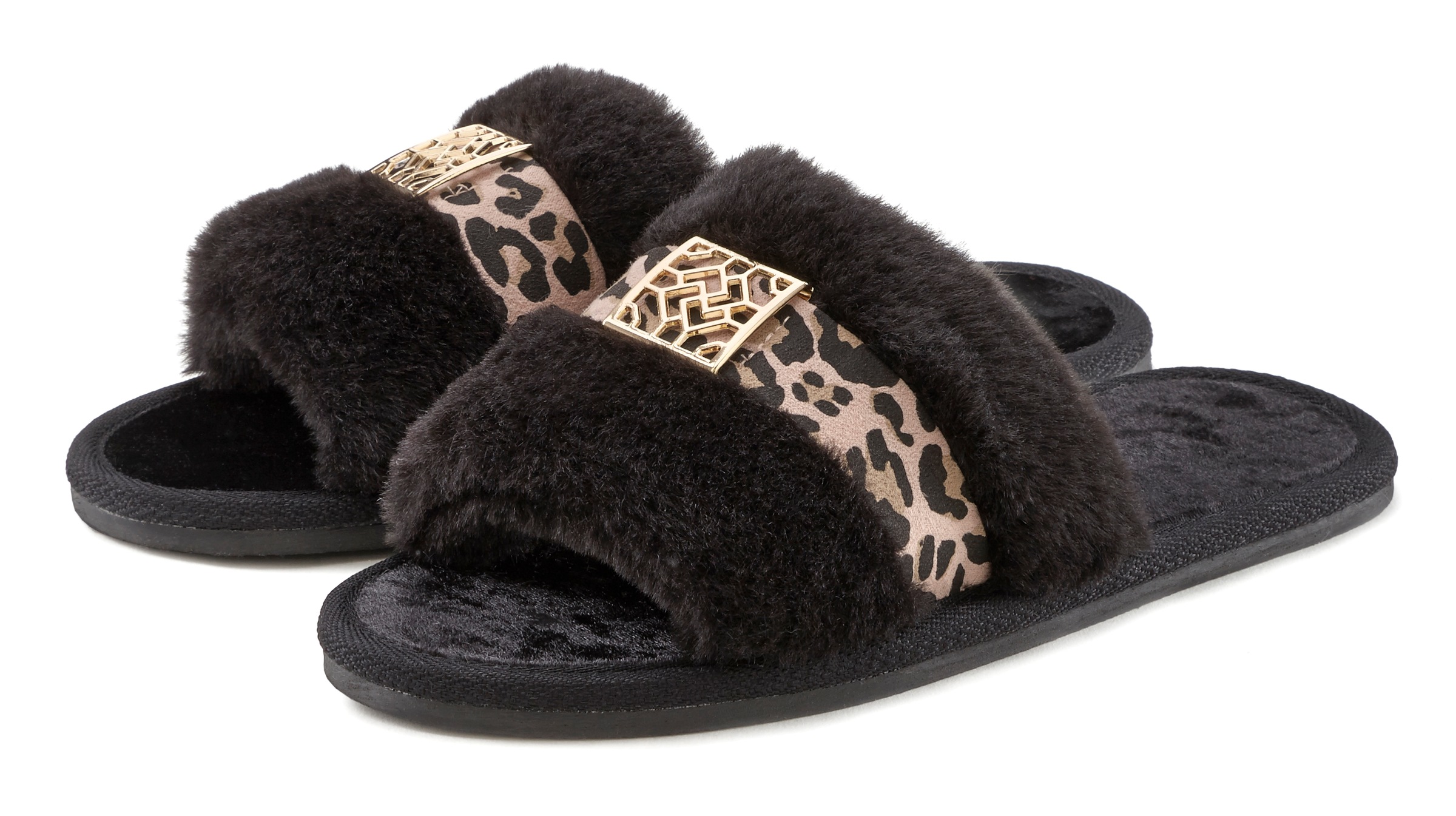 Image of Vivance Dreams Pantolette "Hausschuh, Plüschhausschuh," mit kuscheligem Fellimitat und Animal-Print VEGAN