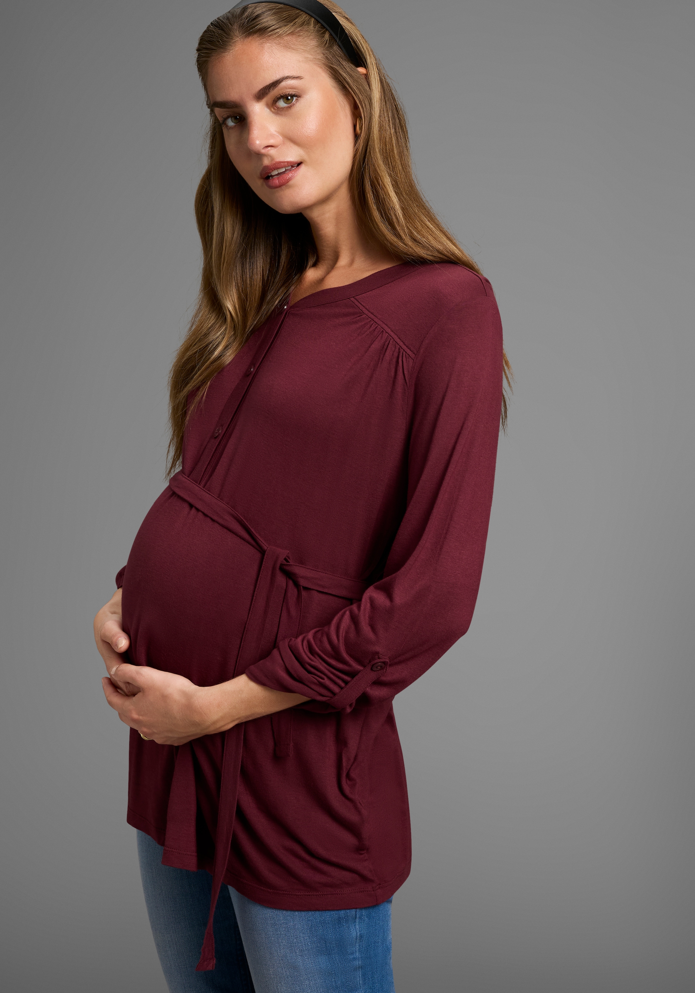 Image of Neun Monate Umstandsshirt "Jersey-Bluse mit Bindegürtel" Viskose Umstands-Bluse praktisch für Schwangerschaft und danach