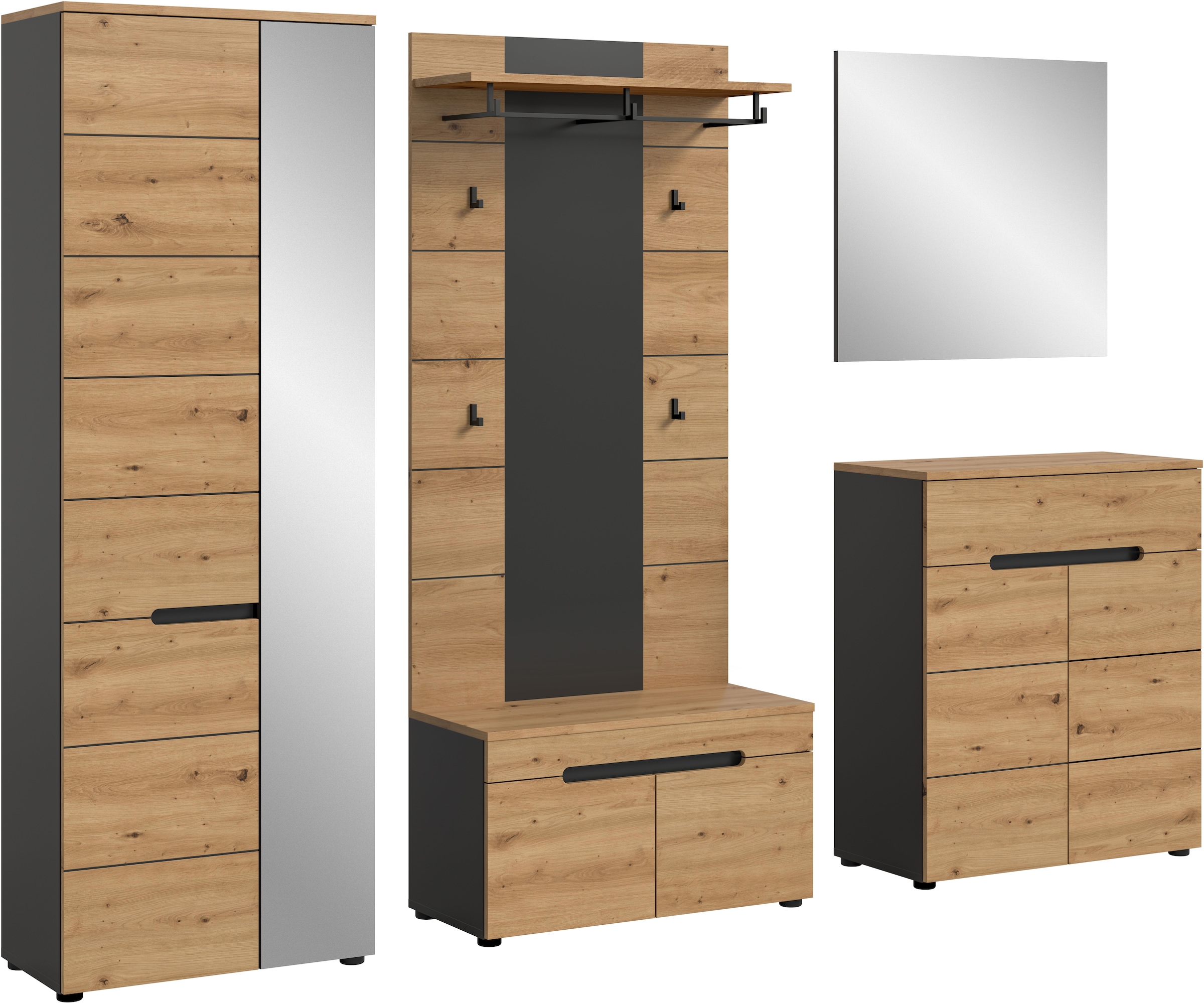 Image of Home affaire Garderoben-Set "REHAT, TOPSELLER, 5-teilig, Breite 255cm, individuell erweiterbar" Set, bestehend aus: Garderobenschrank, Sitzbank, Paneel, Spiegel, Kommode, 5 Stk. tlg.