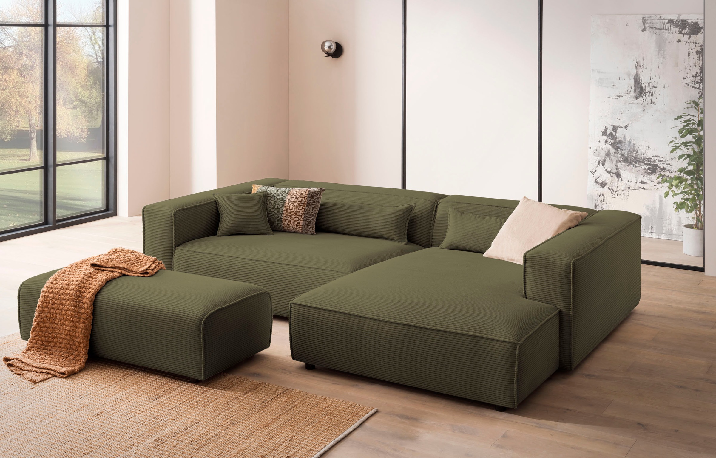 LeGer Home by Lena Gercke Hocker »PIARA, Polsterhocker mit Kedernaht in Cord oder Leinenoptik«, zur Serie PIARA, rechteckig, schwarze Füsse, bequemer Sitzkomfort
