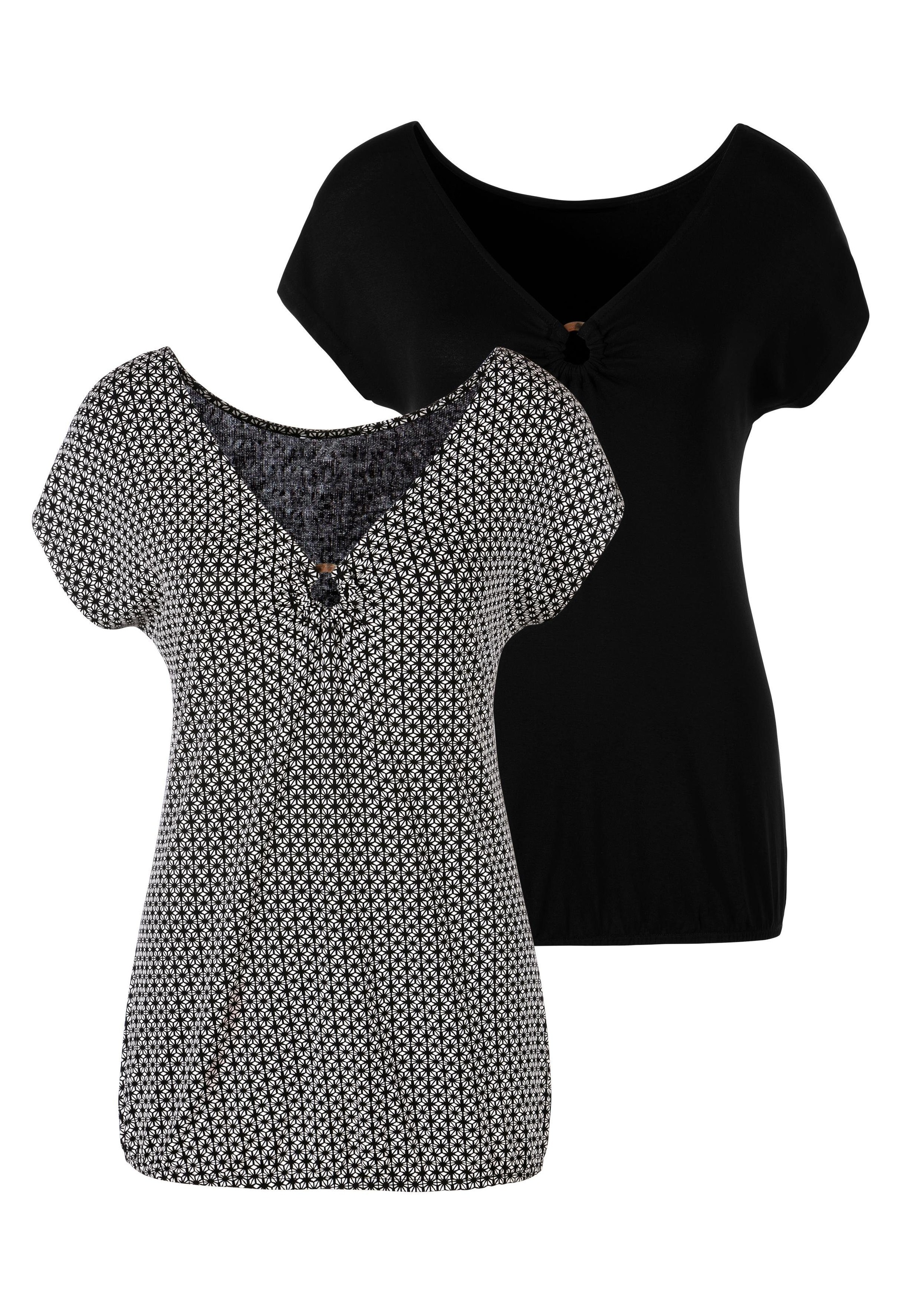 Image of LASCANA T-Shirt, (2er-Pack), mit Ringeinsatz in Hornoptik vorn bei Ackermann Versand Schweiz