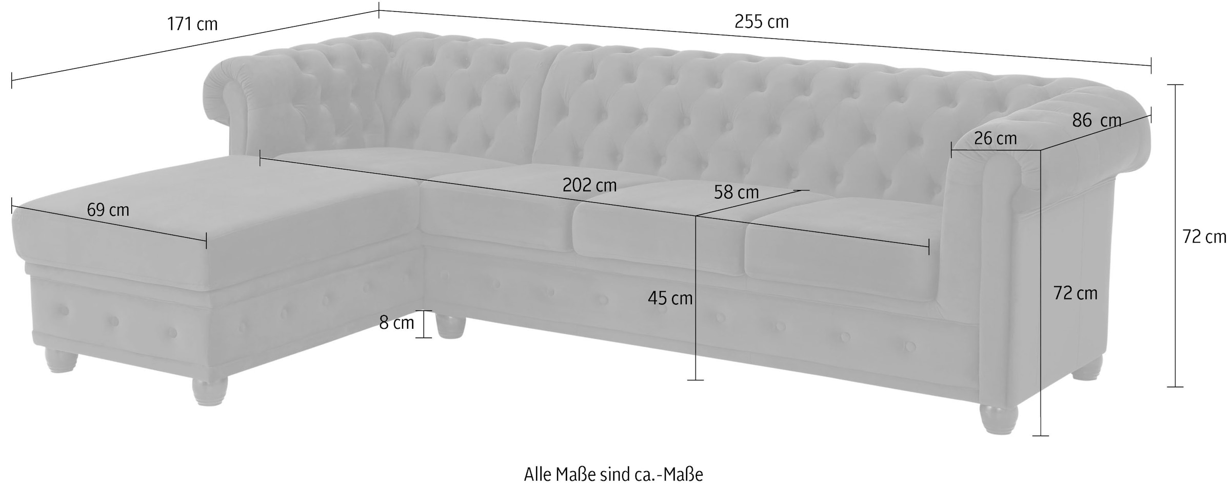 Home affaire Canapé Chesterfield »New Castle L-Form« hochwertige Knopfheftung in Chesterfield-Design, B/T/H: 255(171/72)