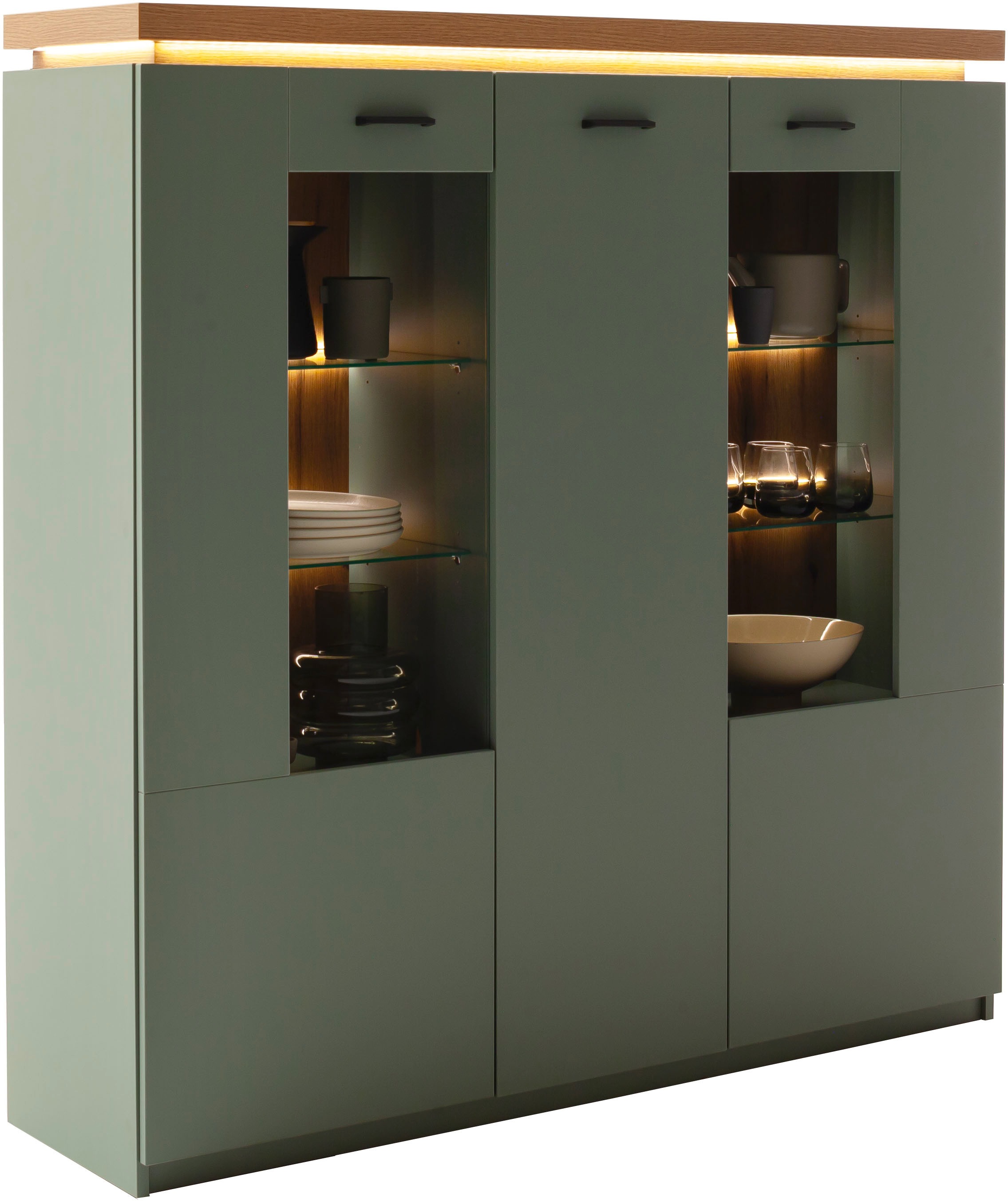 MCA furniture Highboard »MONIZ Highboard« 1 Stk. tlg. Hochkommode,Kommode,Eiche,Salbeigrün,3 Türen,gedämpft,Breite 138 cm