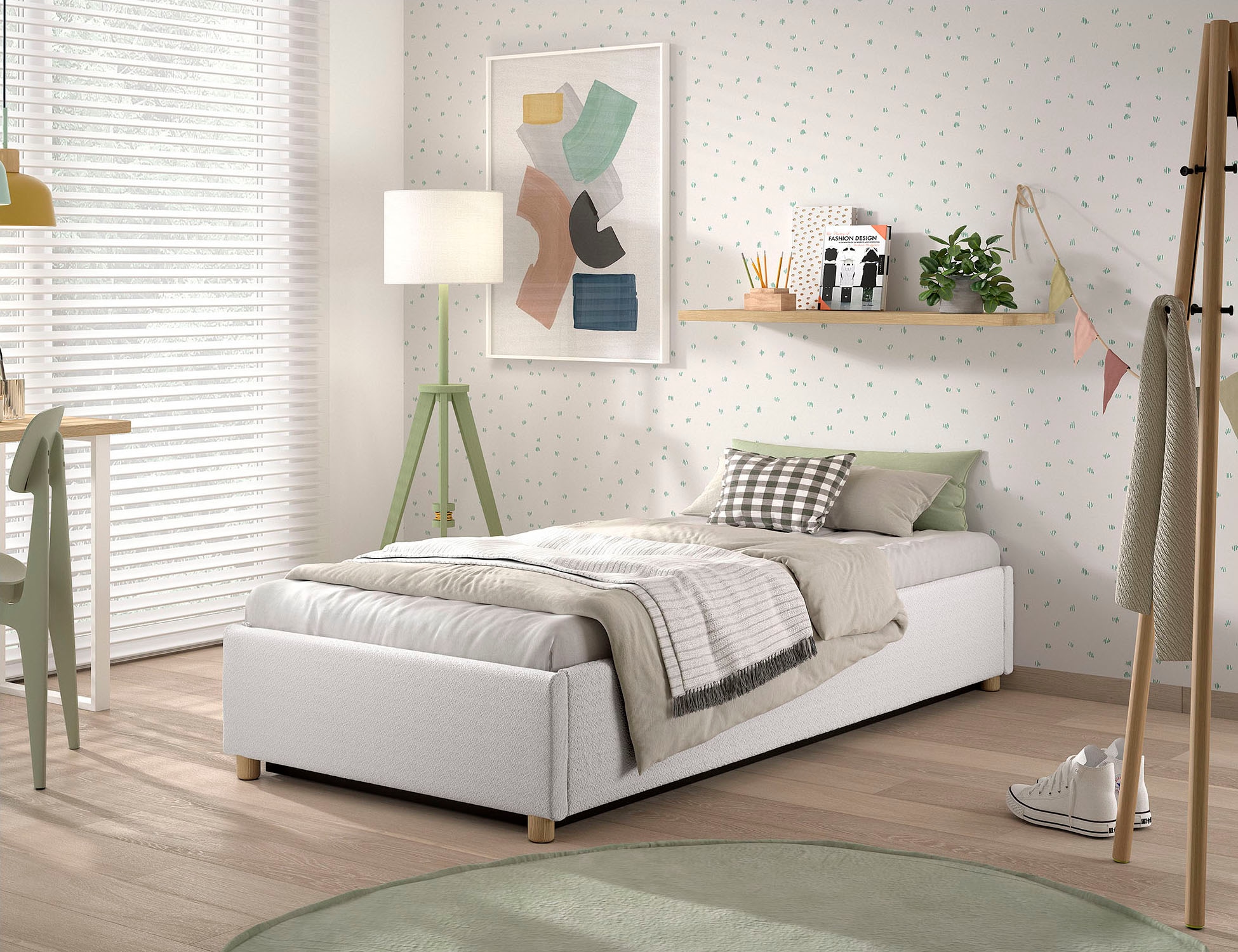 Vipack Chaise longue rembourrée »Moon, ideal unter Dachschrägen einsetzbar, Bettkasten bietet Stauraum« Massivholzfüsse, Bezug mit flauschigem Bouclé Stoff wahlweise 3 Farben