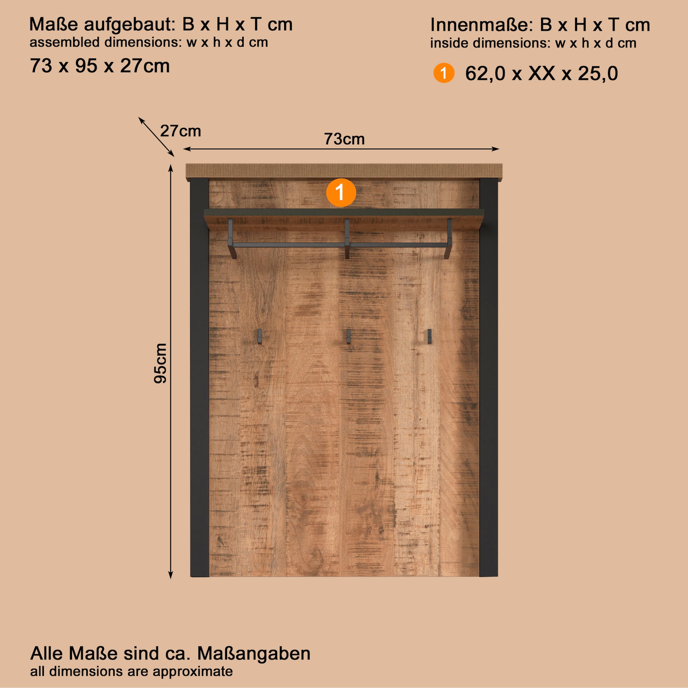 Home affaire Panneau de vestiaire »Elda« 1 cuis tlg. panneau mural avec étagère, 1 tringle à vêtements, 3 crochets – (L/P/H) 73/27/95 cm