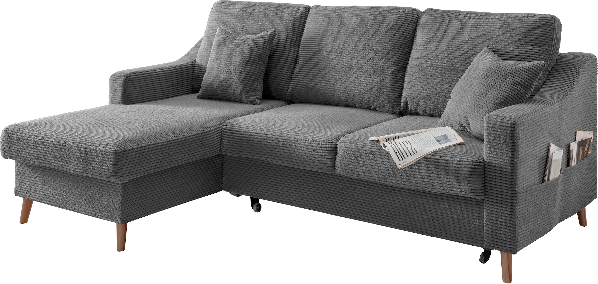 INOSIGN Ecksofa »Valentina L-Form«, 2 Zierkissen, mit Seitentasche, ausziehbarer Liegefläche, Bettkasten