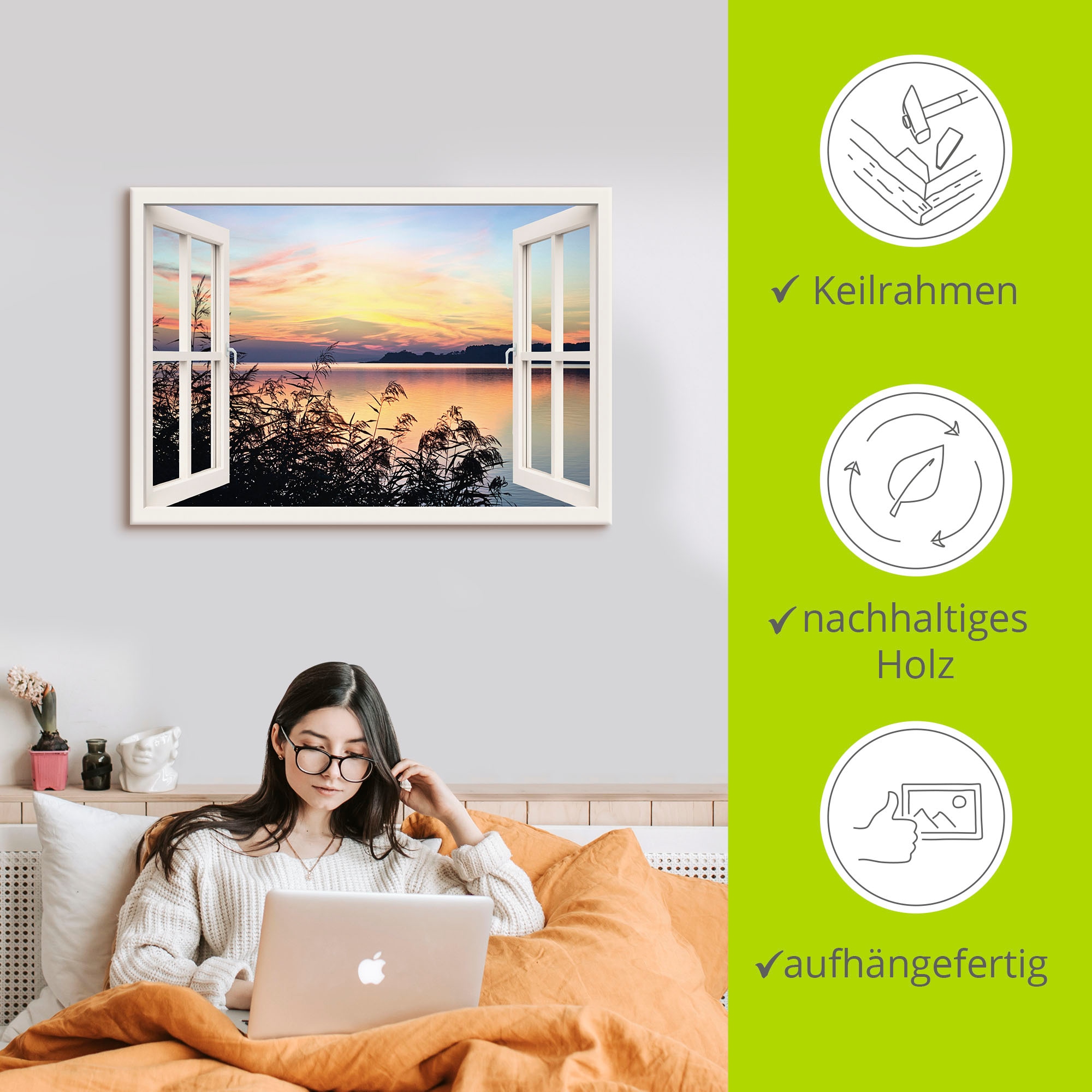 Artland Leinwandbild »Fensterblick - Abendrot im Schilf, weiss«, Fensterblick, (1 St.), auf Keilrahmen gespannt