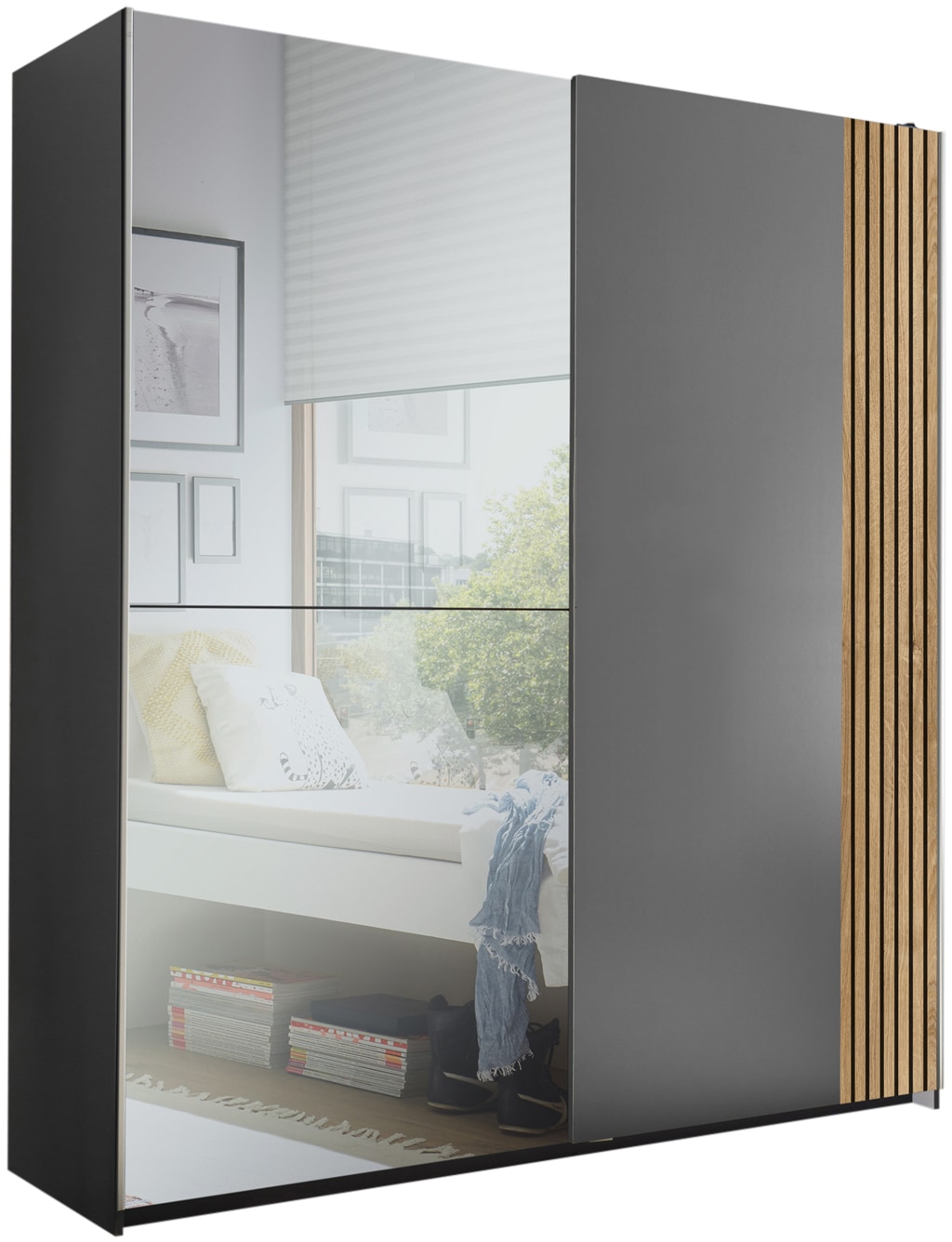 Image of Schlafkontor Schwebetürenschrank "Berno Kleiderschrank mit Schiebetüren und Spiegelfront" Rillenoptik & Graphitabsetzung