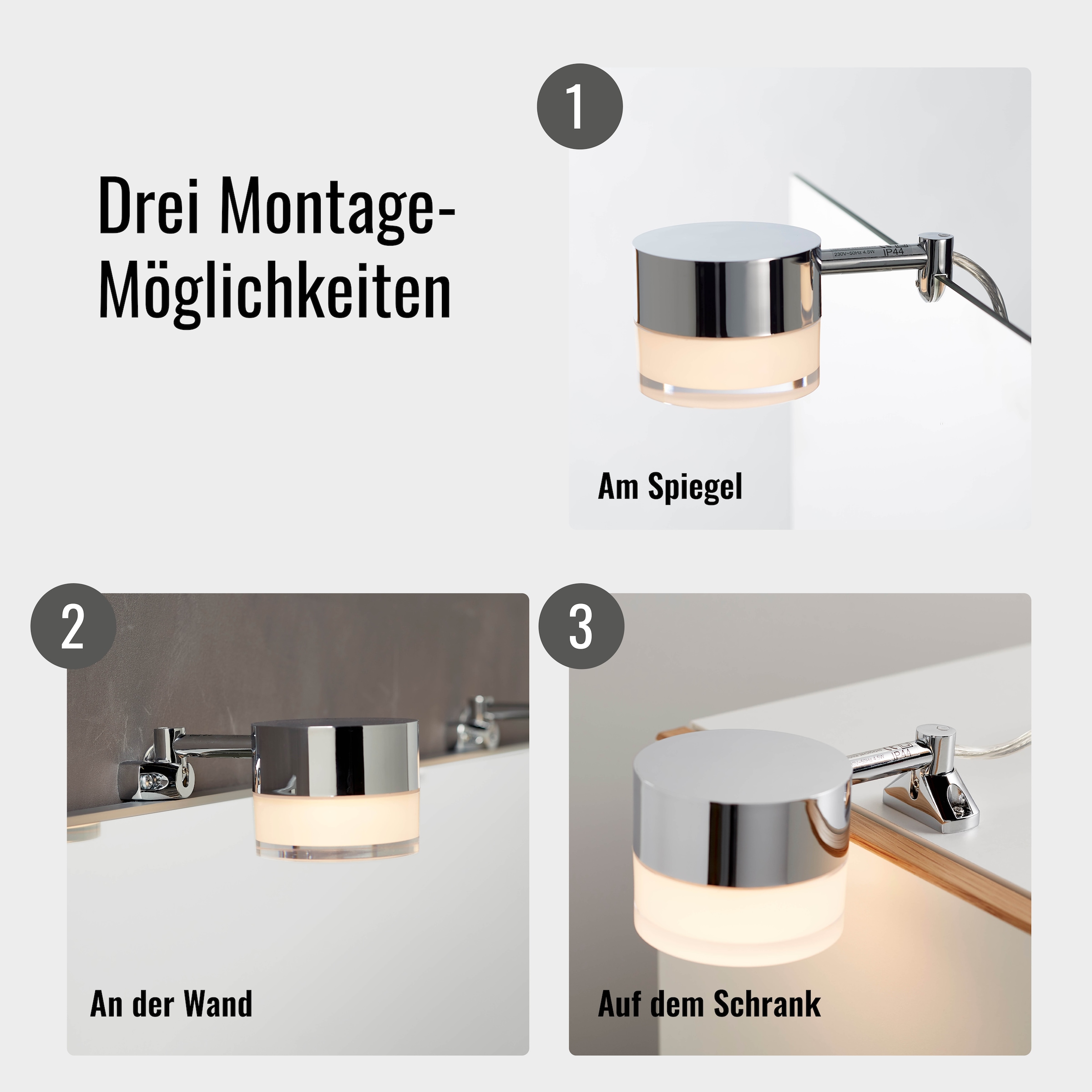 Loevschall Spiegelleuchte »Elegante LED-Spiegelleuchte fürs Bad, Schminklicht, Badleute«, Leuchtmittel LED-Modul | LED fest integriert, warmweissem Licht, einfache Montage, IP44-zertifiziert, rund, langlebig