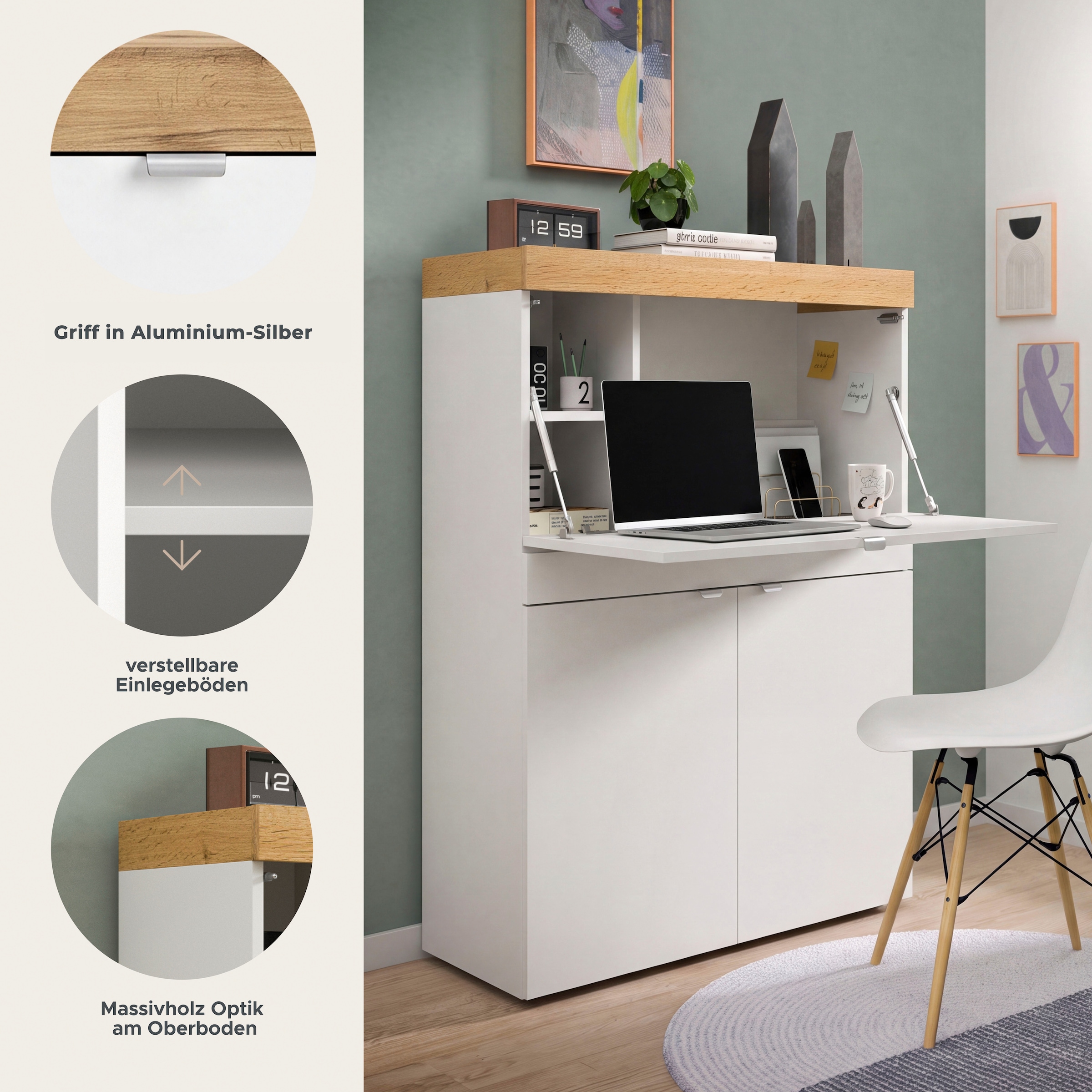 GOODproduct Sekretär »MAMBO, Höhe 122cm, 2 Türen, 1 Schubkasten, 1 Klappe« Home-Office-Schreibtisch, PC-Schrank, Schreibtisch, Office