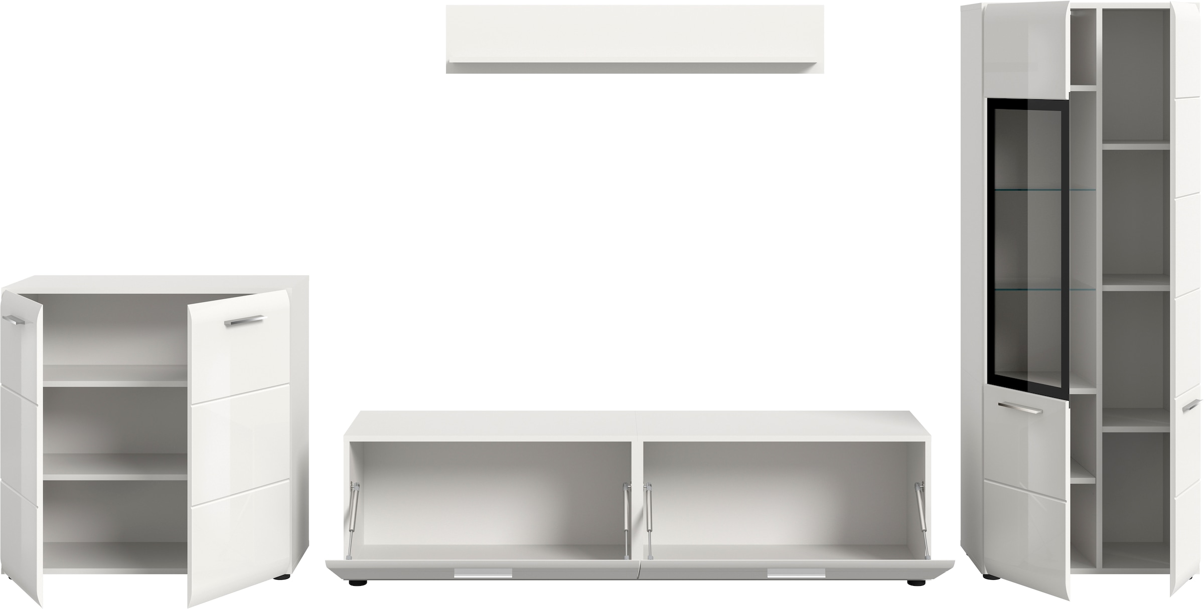 INOSIGN Wohnwand »FLORENZ, 4-teilige Wohn-Kombination, hochwertige MDF-Front« Set, Set, best. aus: 1 Kommode, 1 Lowboard, 1 Vitrine, 1 Wandboard, 4 Stk. tlg.