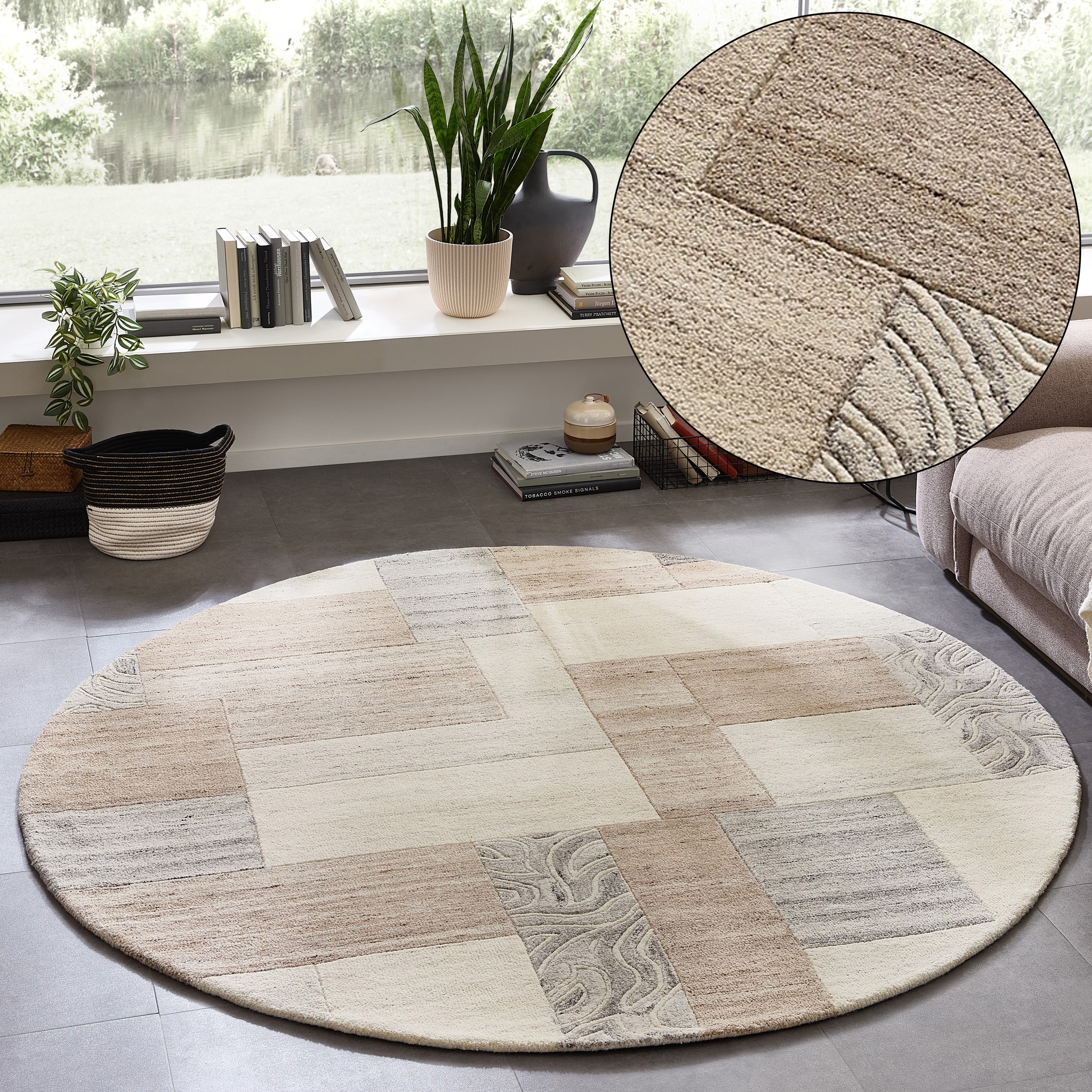 Image of THEKO Wollteppich "Lola, Wolle, handgearbeitet, Patchwork Design" rund 12 mm Höhe handgetuftet, Wohnzimmer, Schlafzimmer, Esszimmer