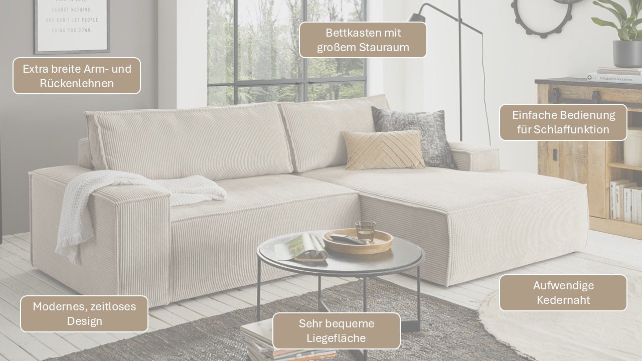 GOODproduct Canapé d'angle »SHERWOOD Cord L-Form, 267 cm - OTTO. Verlässliche Qualität.« fonction couchage avec coffre (210x136 cm), velours côtelé, vintage, velours