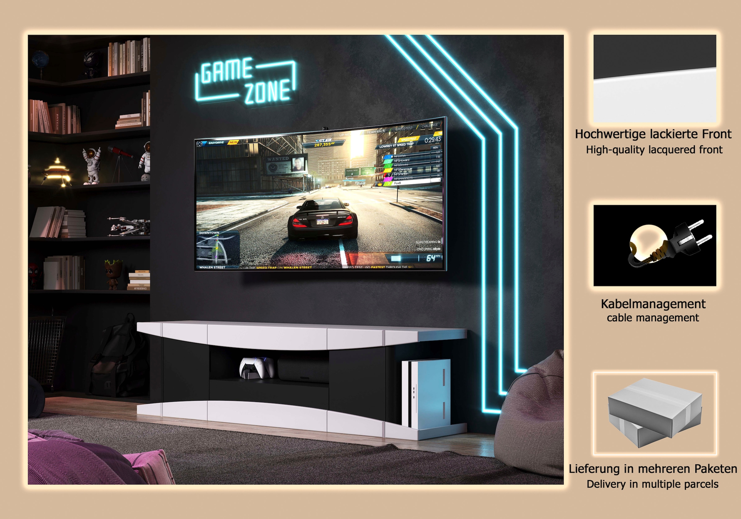 INOSIGN Lowboard »NextLevel speziell geeignet für Spielekonsolen« Gaming-Lowboard wahlweise mit Beleuchtung - (B/T/H) 180/42/52 cm