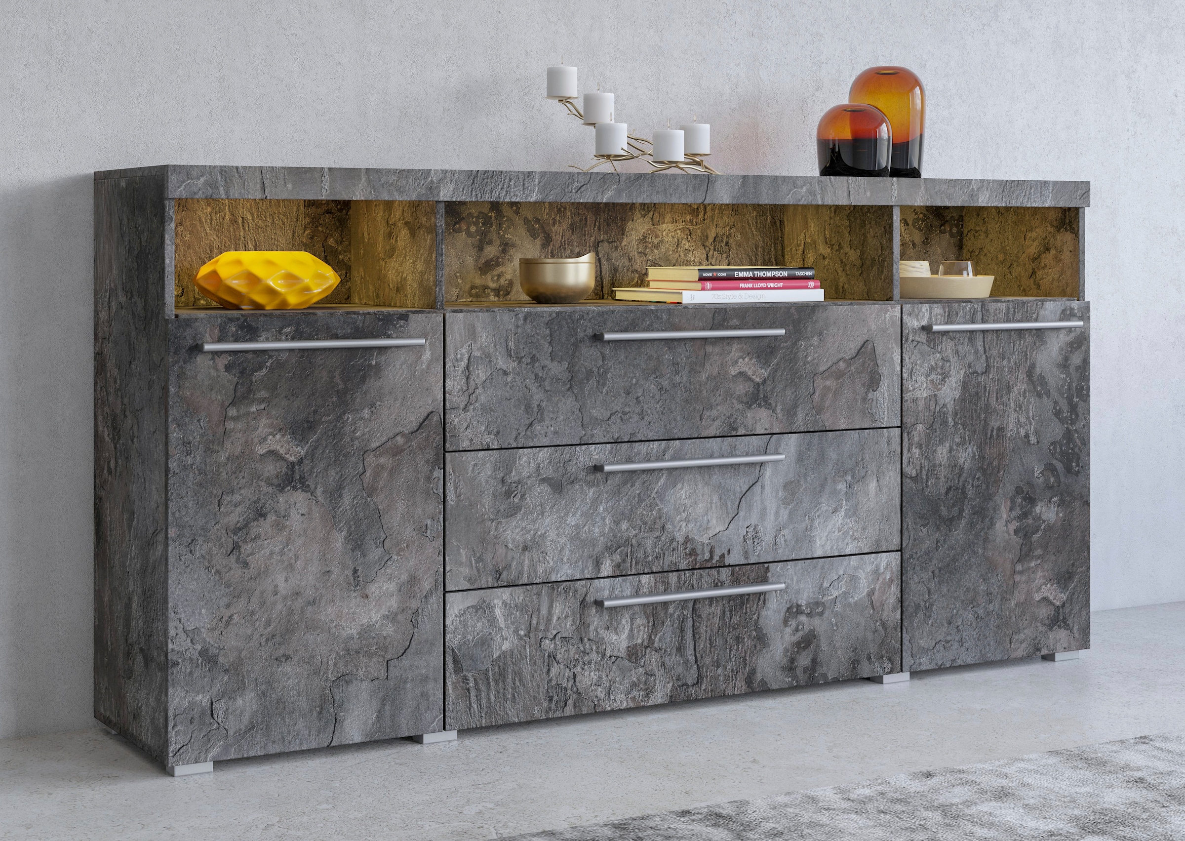 INOSIGN Sideboard »India,Breite 182cm moderne Anrichte 2Türen,3 Schubladen, Kombikommode«, Kommode viel Stauraum, Einlegeböden verstellbar,ohne Beleuchtung