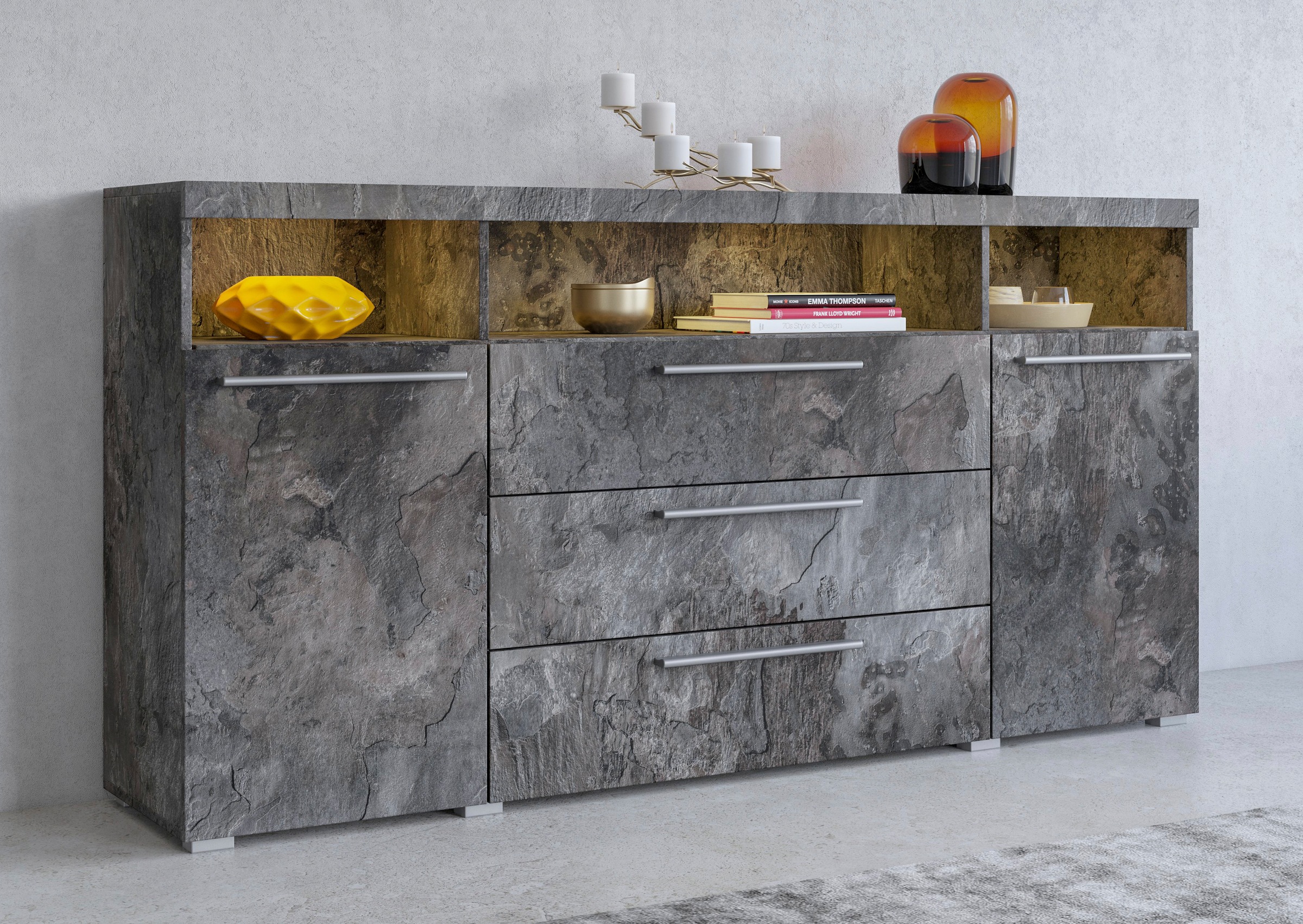 Image of GOODproduct Sideboard "India,Breite 182cm moderne Anrichte 2Türen,3 Schubladen, Kombikommode" Kommode viel Stauraum, Einlegeböden verstellbar,ohne Beleuchtung