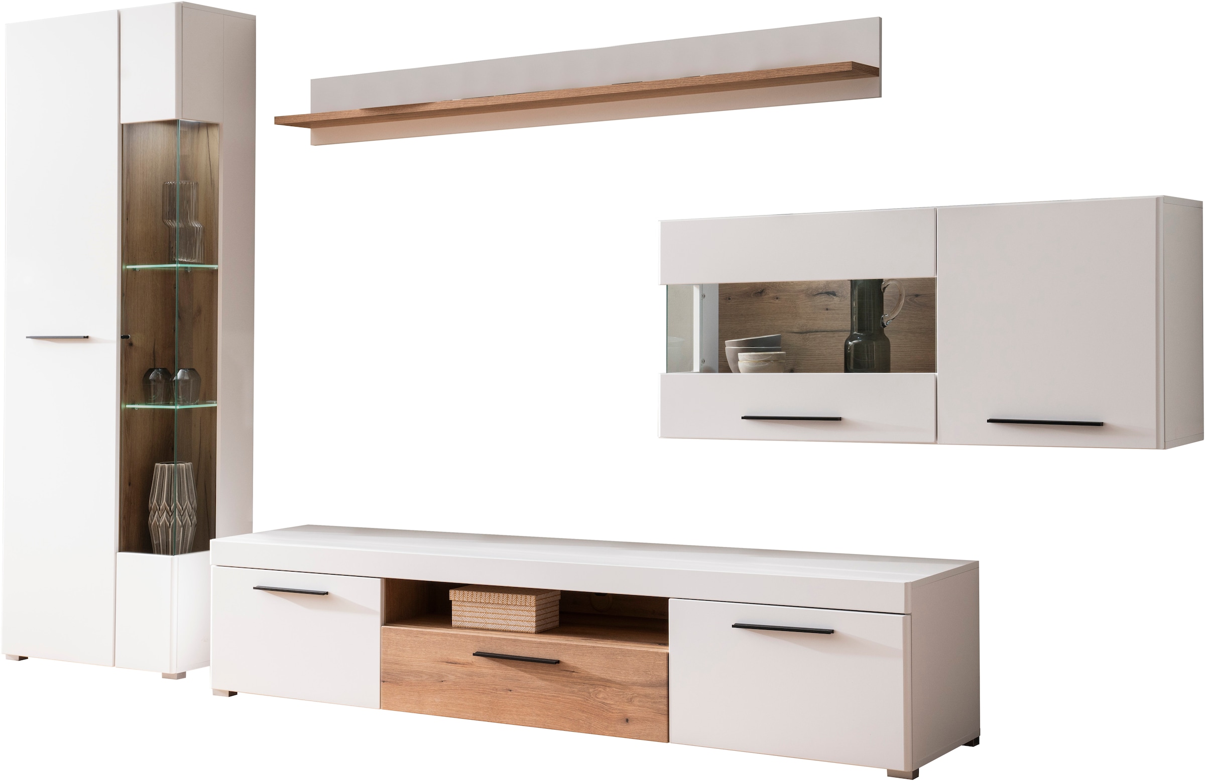 INOSIGN Wohnwand »Salerno, moderne Anbauwand, Wohnzimmer-Set, Weiss mit Eiche Evoke Dekor«, (Set, 4 St.), enthält Hängevitrine, Vitrine, Lowboard + Wandboard, Metallgriffe