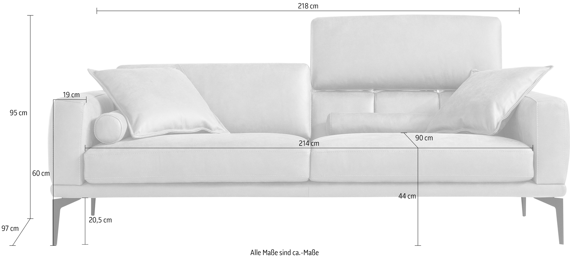 Egoitaliano 2,5-places »Masu, Designsofa mit erstklassigem Sitzkomfort, Breite 218cm« inkl. 2 Kissenrollen, Rückenelemente manuell verstellbar, Metallfüsse