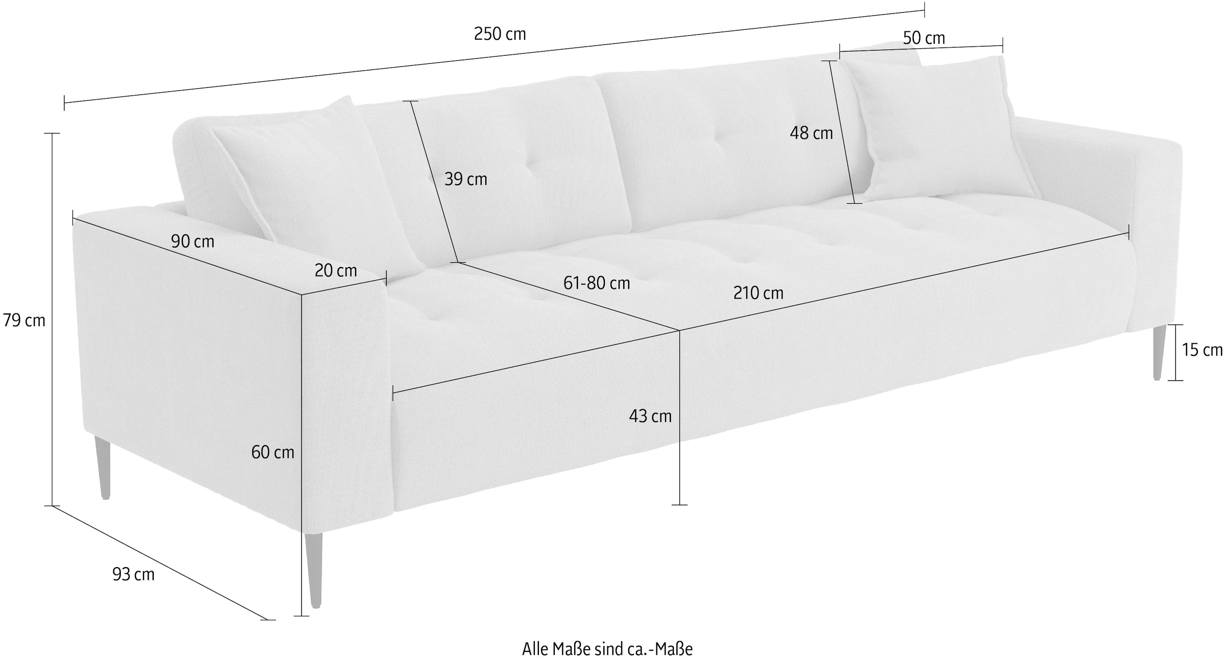 Trends by HG 3-places »Leo, Sofa / Couch mit bequemer Polsterung & Zierkissen« Sofa mit mittelfesten Sitzkomfort, edle Steppung & Metallfüsse