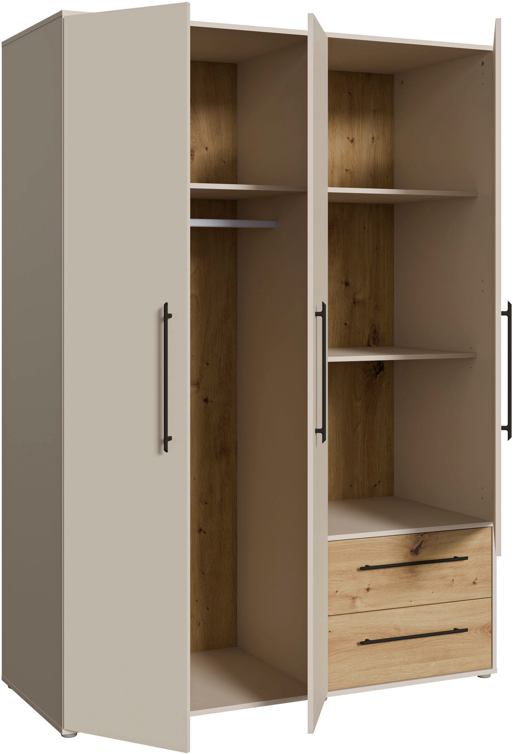 FORTE Kleiderschrank »Mokkaris , Garderobe, zeitloses Design, 3 Türen, Made in Europe« B/H/T ca. 144x200x59cm,  Zwei Schubladen, schwarze Stangengriffe, Stauraum, auch in Schwarz