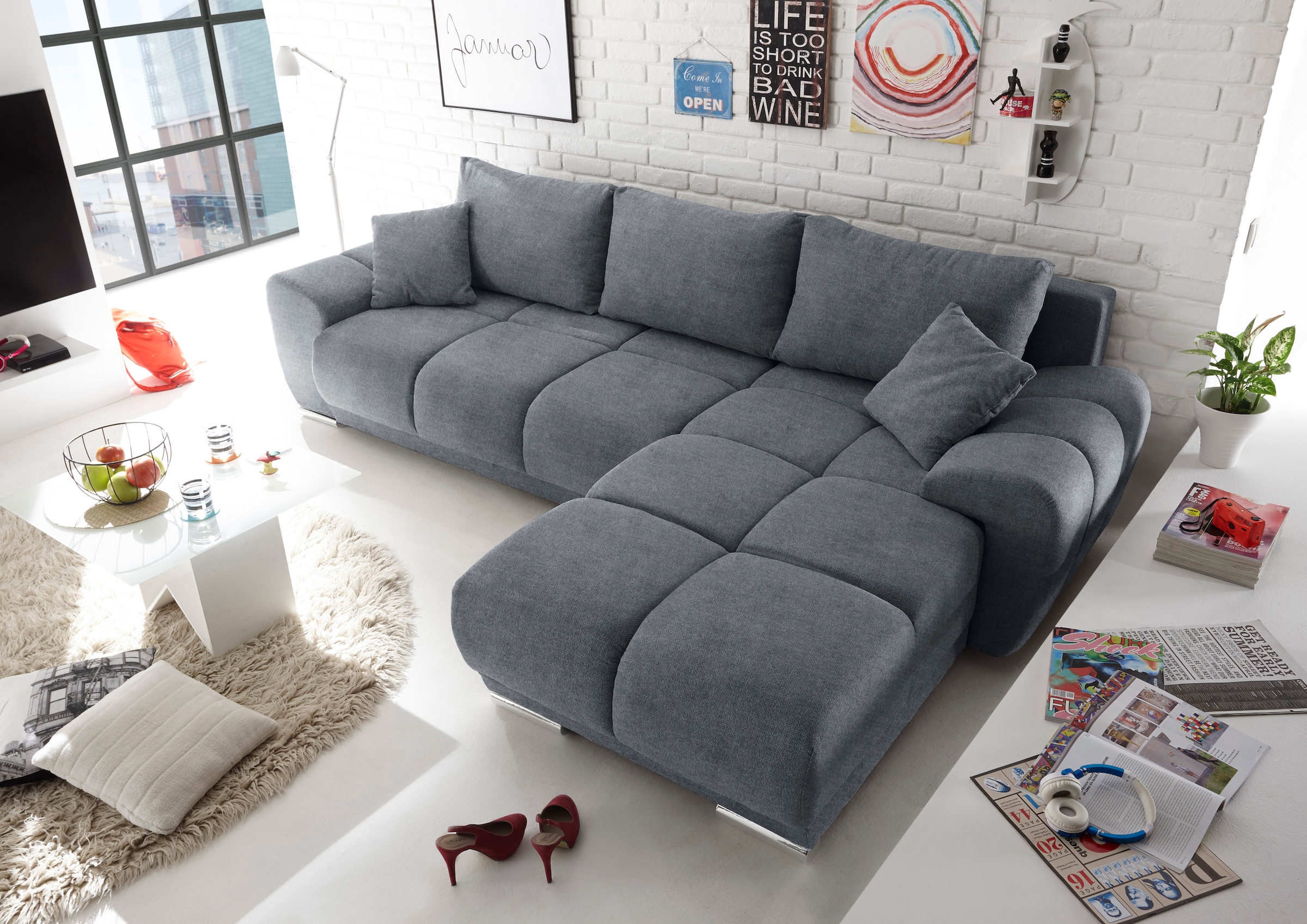 Image of ED EXCITING DESIGN Ecksofa "Anton L-Form" mit Bettfunktion, Bettkasten & 2 Zierkissen