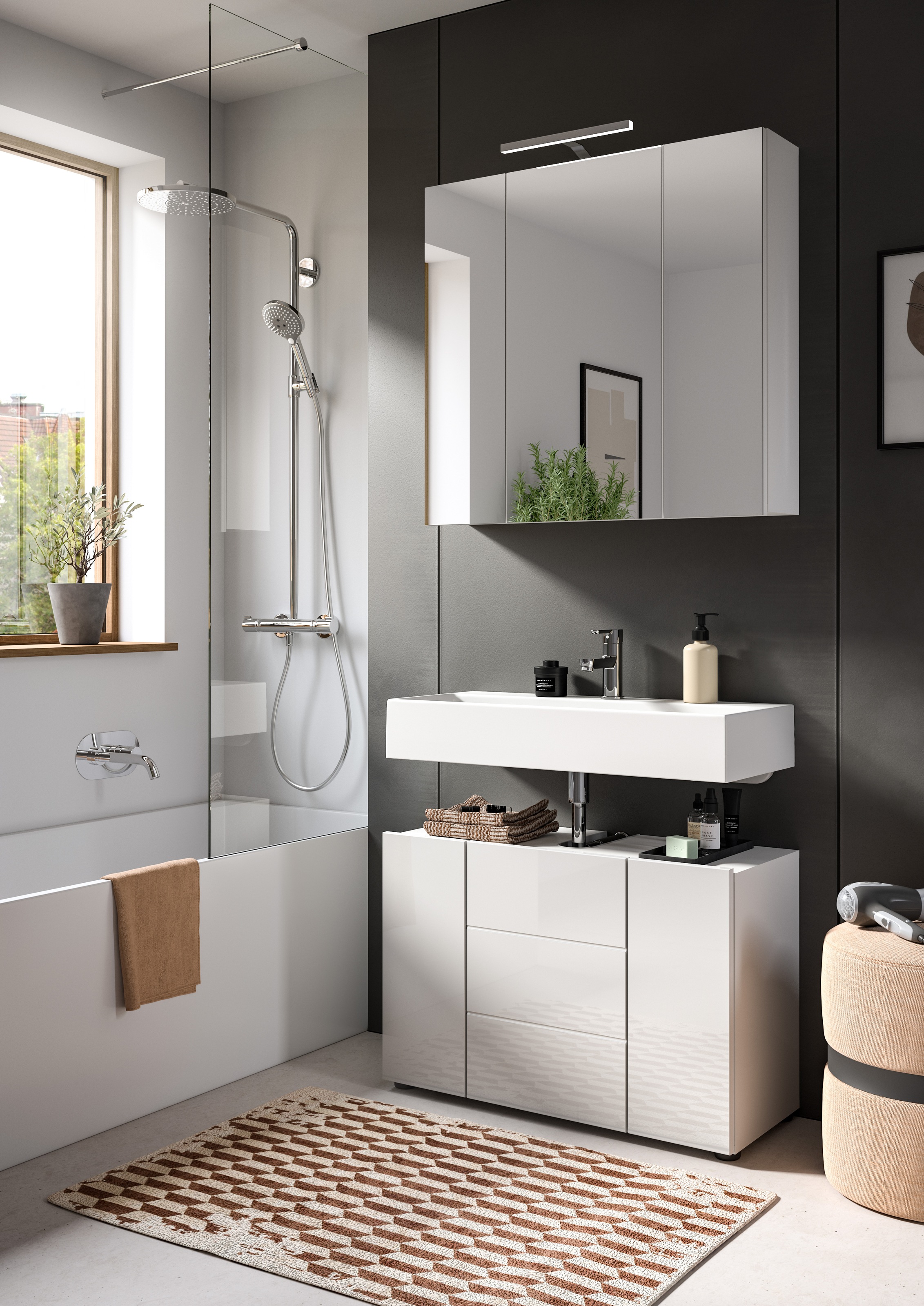 welltime Badmöbel-Set »BIEL, TOPSELLER, 2 teilig, inkl. Beleuchtung, MDF Front, Rillenoptik« best. aus: Waschbeckenunterschrank, Spiegelschrank inkl. Beleuchtung, 2 Stk. tlg.