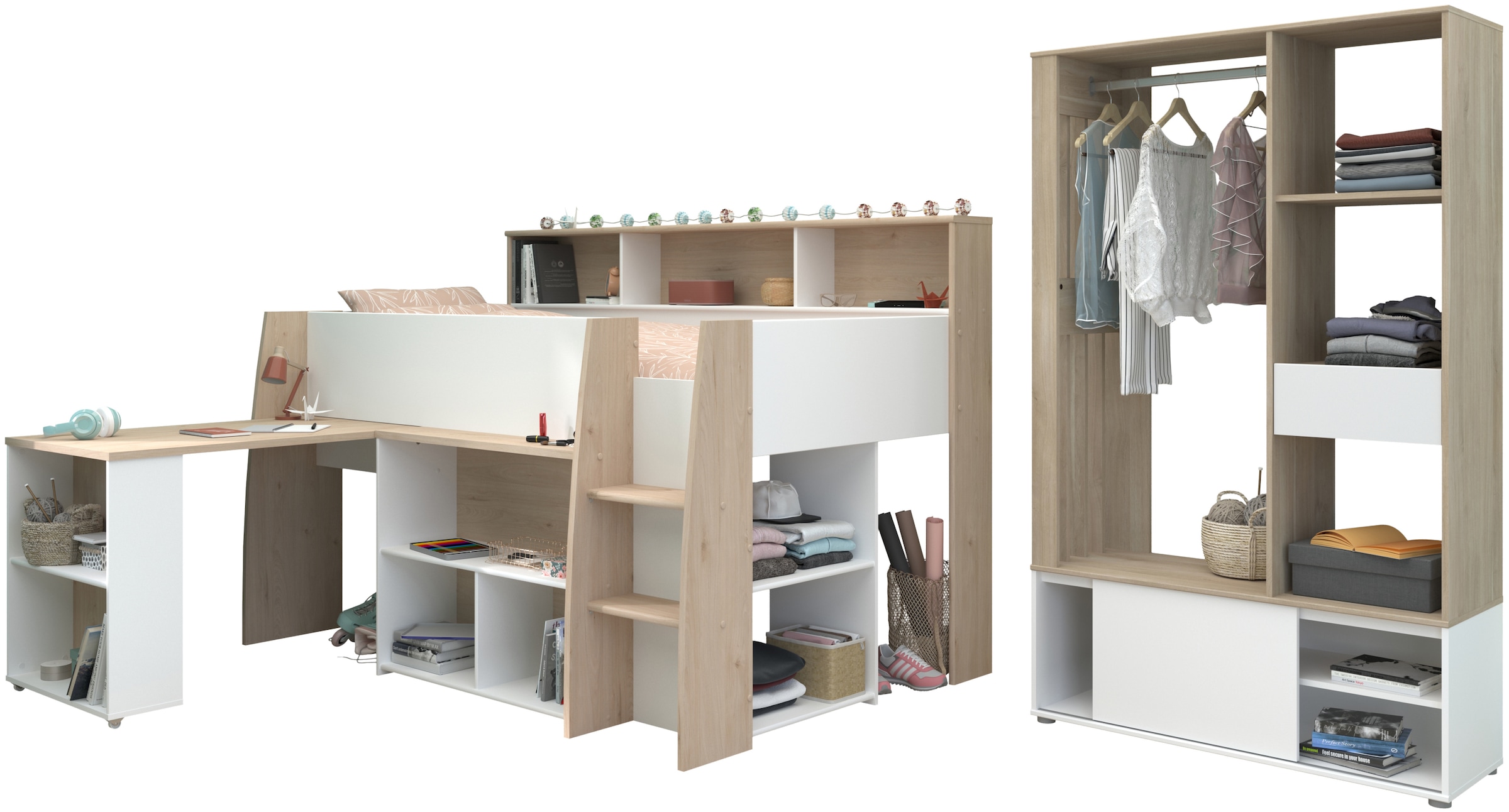 Parisot Jugendzimmer-Set »Parisot Lucas 11«, (2 tlg.), Schreibtisch ausziehbar, Kleiderschrank offen, Ablagen und Regale