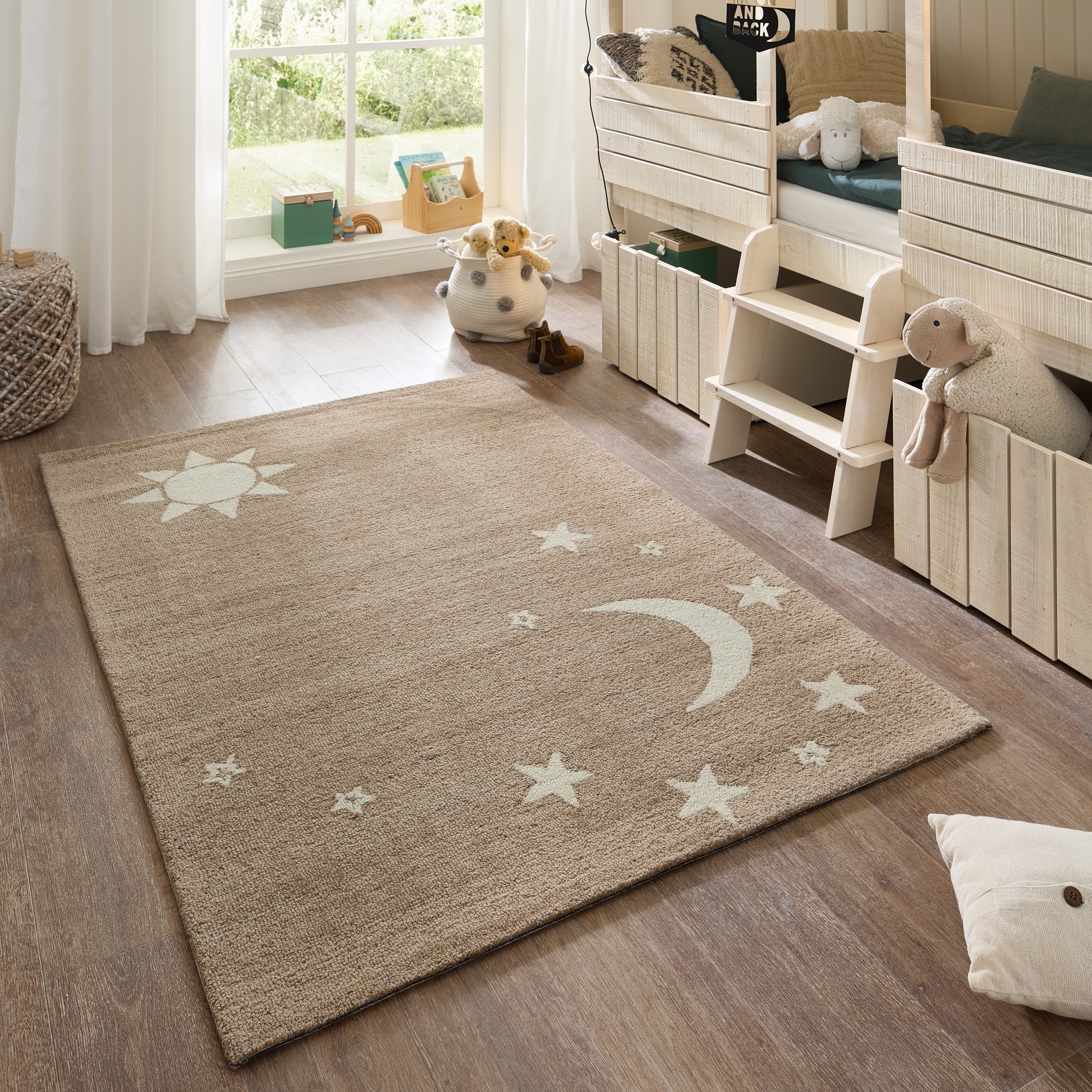 Image of THEKO Kinderteppich "Gaia Kids Sky" rechteckig 10 mm Höhe getuftet, reine Schurwolle, Motiv Mond & Sterne, Kinderzimmer