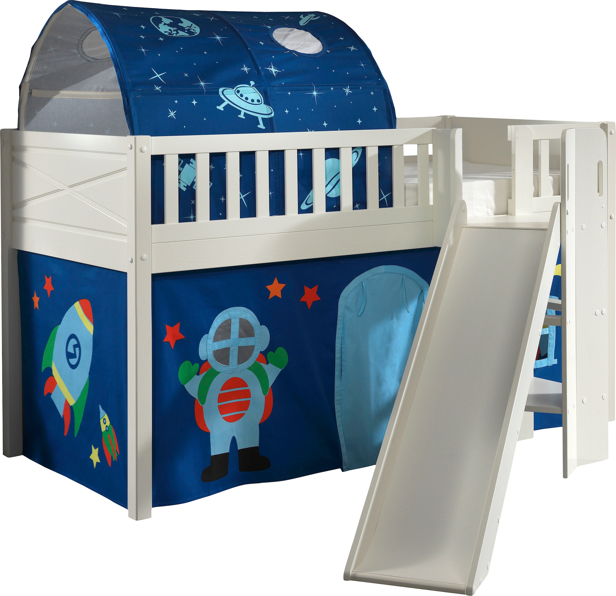 Vipack Hochbett »Scott« Made in Europe,  m. Rutsch-/Leiterturm, LF 90x200 cm, Vorhang, Tunnel, 4 Designs