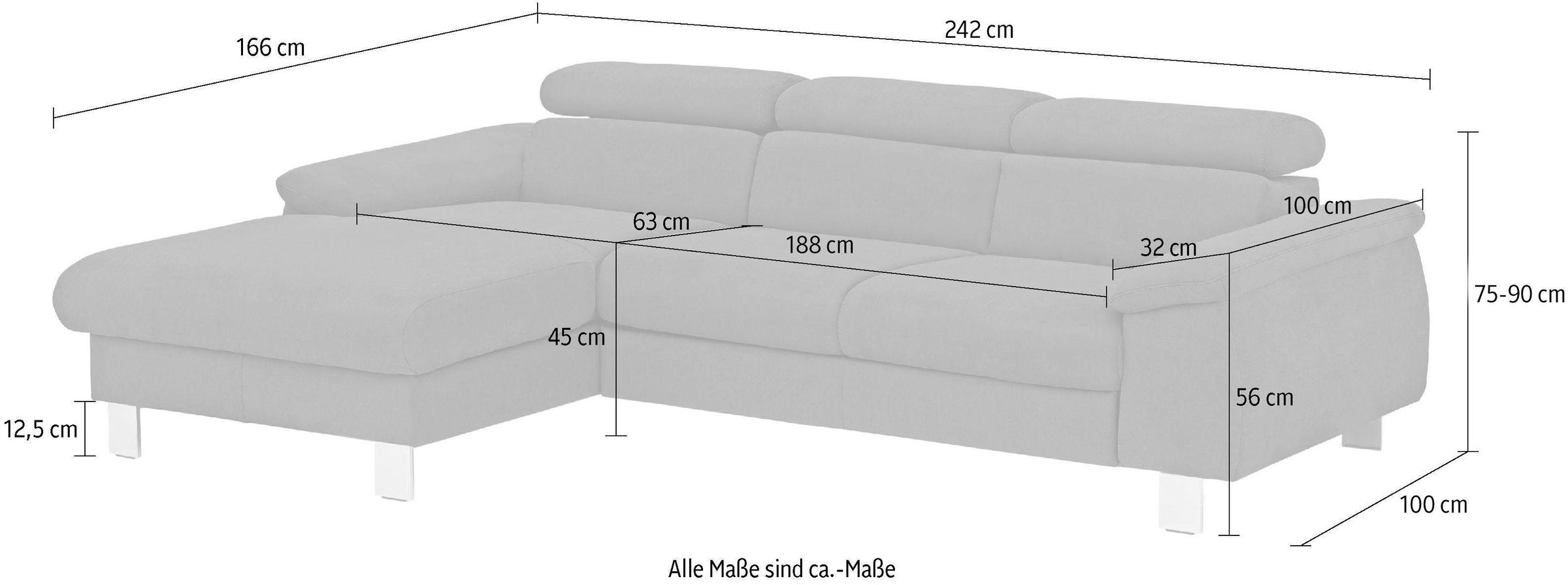 COTTA Polstergarnitur »Komaris L-Form, B: 242 bzw. 100 cm (Set: Ecksofa & Hocker)«, (Set), mit Kopfteilverstellung, optional Bettfunktion, Bettkasten & Licht