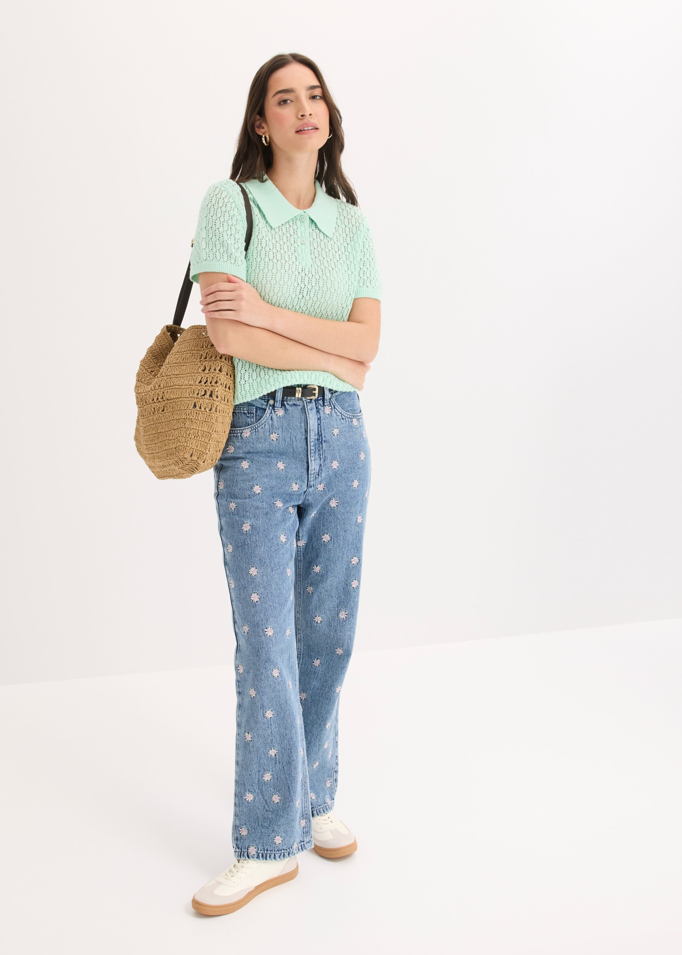 bonprix Pull en tricot en pur coton, coupe confortable, avec motif ajouré au tricot