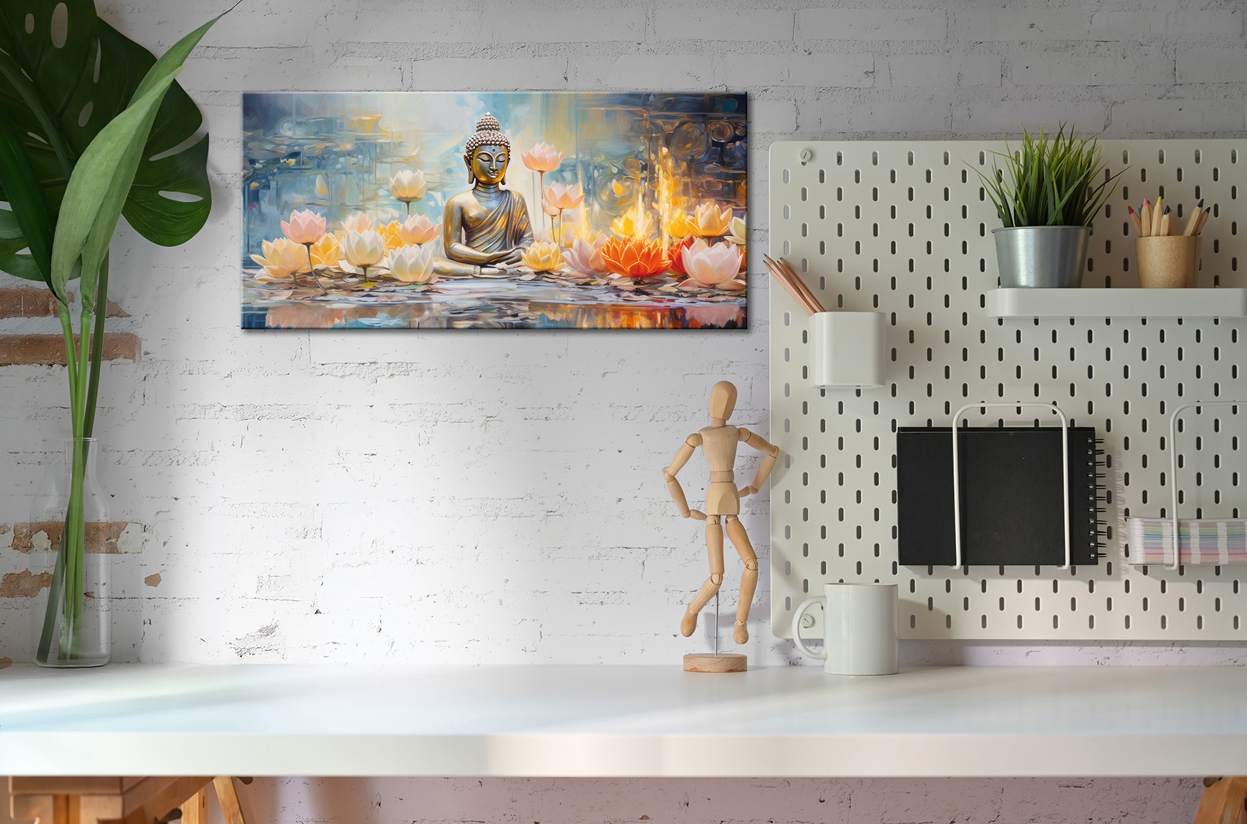 Bönninghoff Tableau sur toile »Wandbild BUDDHA 33x70 cm – Leinwandbild Keilrahmen Deko modern« Bouddha | Bouddhisme | Fleurs | Images de fleurs | Images de plantes | Images spirituelles | Plantes | Statue de Bouddha 1 cuis tlg. tendu sur châssis
