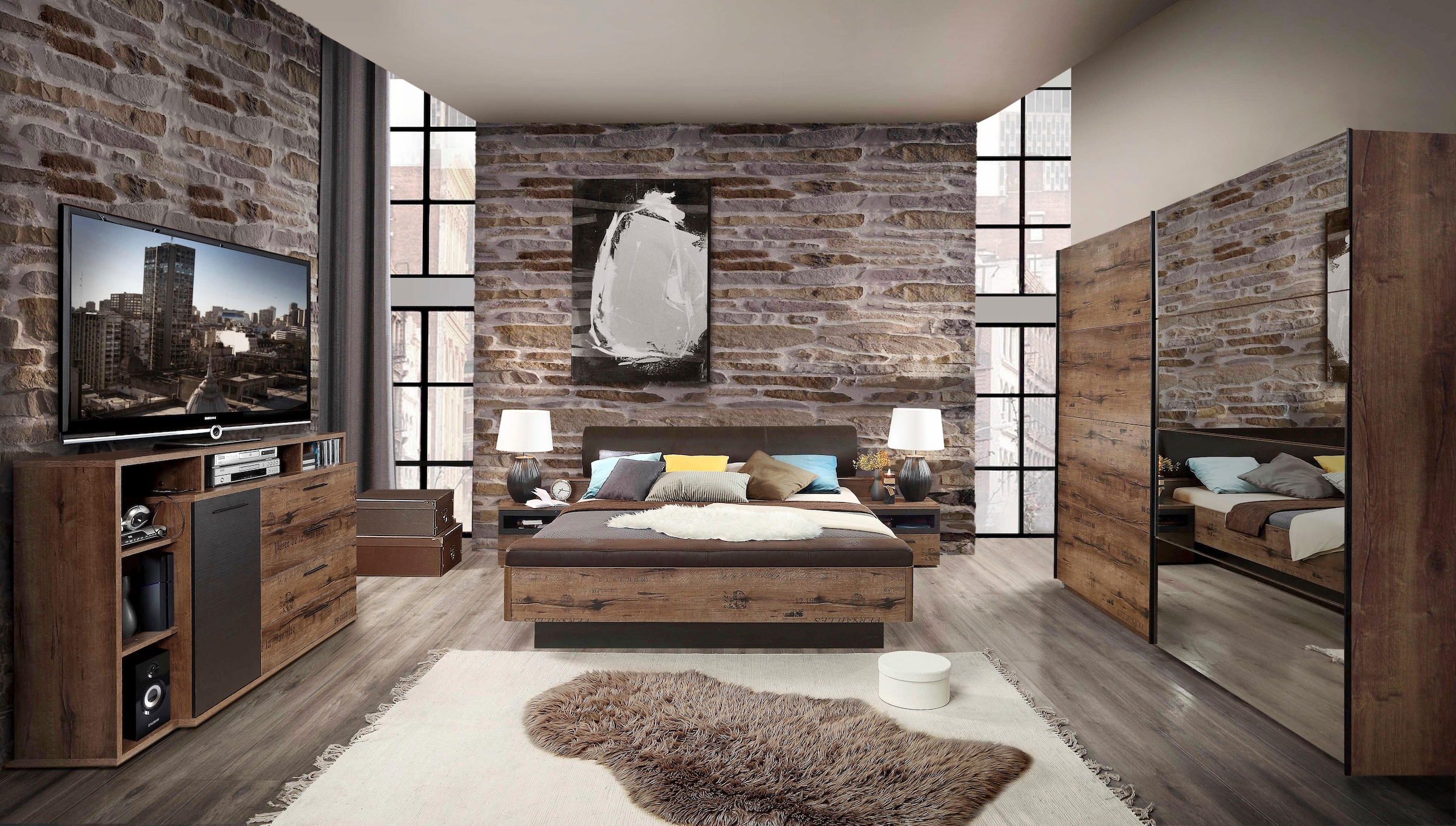 FORTE Bett »Jacky, Belastbarkeit 250 kg, Stauraum« Liegefläche 180x200cm,  Polsterkopfteil und integrierte Bettbank aus FSC-Holzwerkstoff