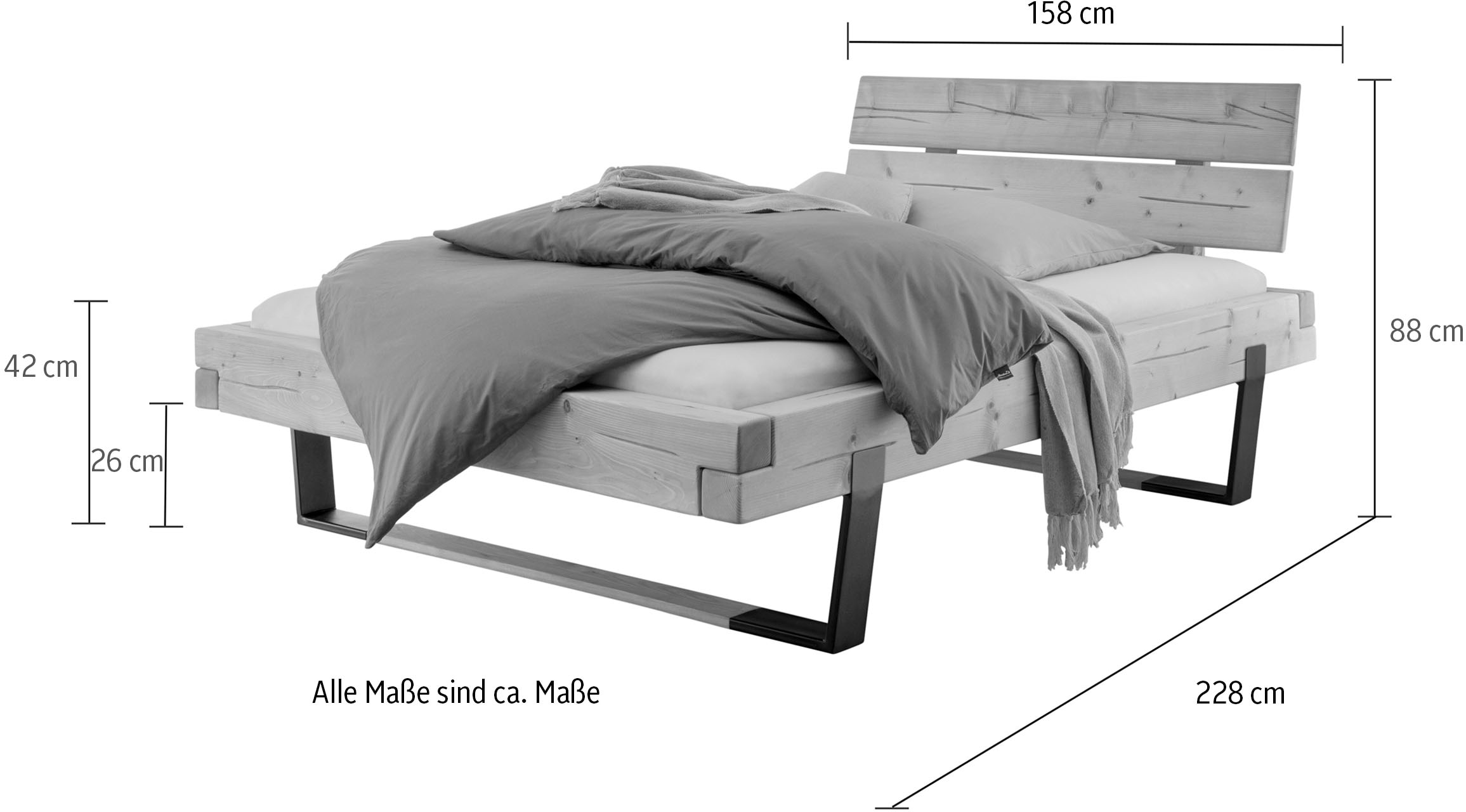 Home affaire Massivholzbett »Ultima Balkenbett Doppelbett, Füsse Metallkufe mit Holzelement«, (hohe Belastbarkeit: 200kg je Seite), FSC®-zertifizierte Wildeiche oder Fichte, viele Breiten zur Auswahl