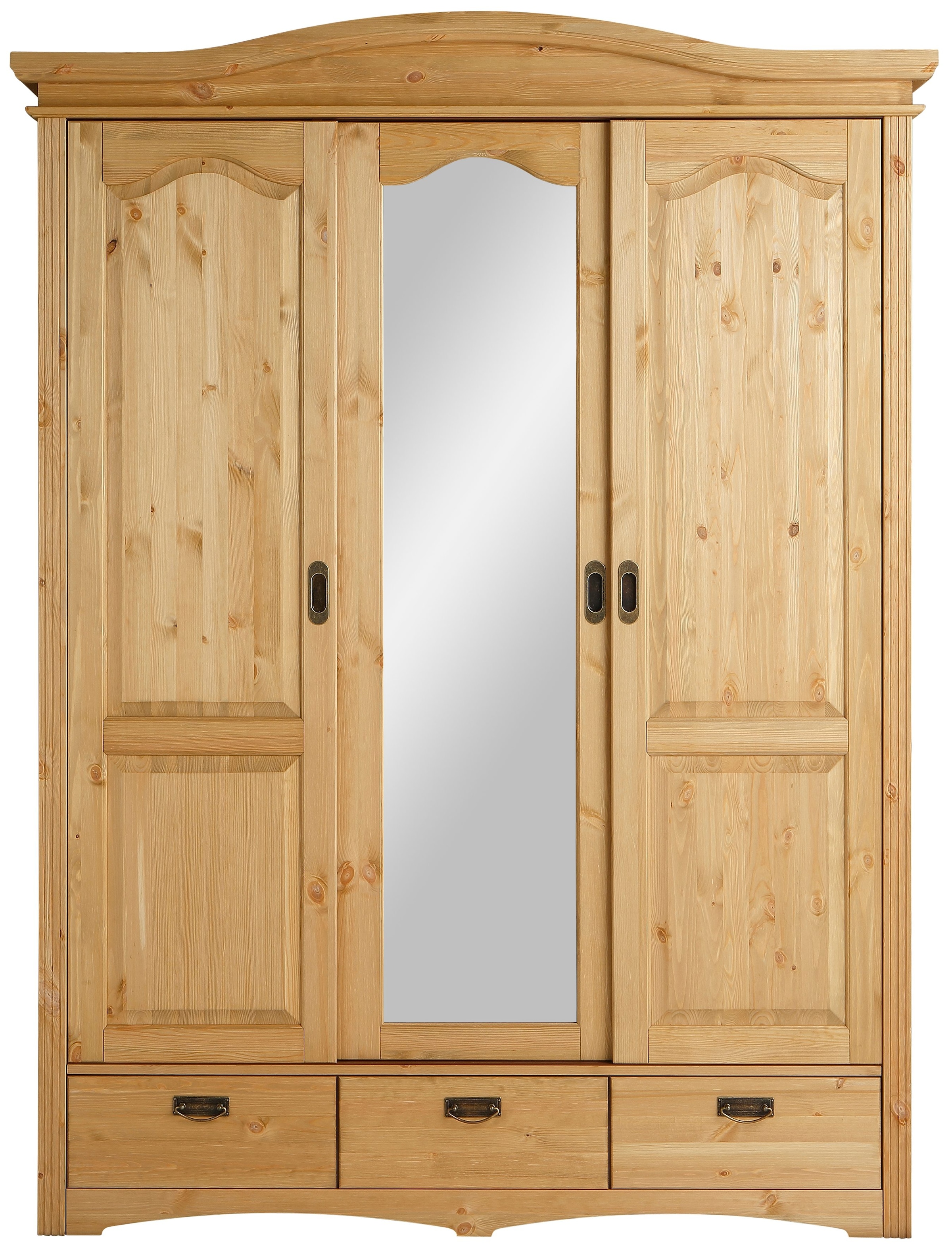 Home affaire Schiebetürenschrank »Konrad, Landhausstil, rustikal, mit Schubladen + Spiegel, Kassetten« 3 Breiten: 153/202/249 cm  H/T ca.207/64 cm,  massive Kiefer, FSC®-zertifiziert, Messinggriffe, mehrere Varianten