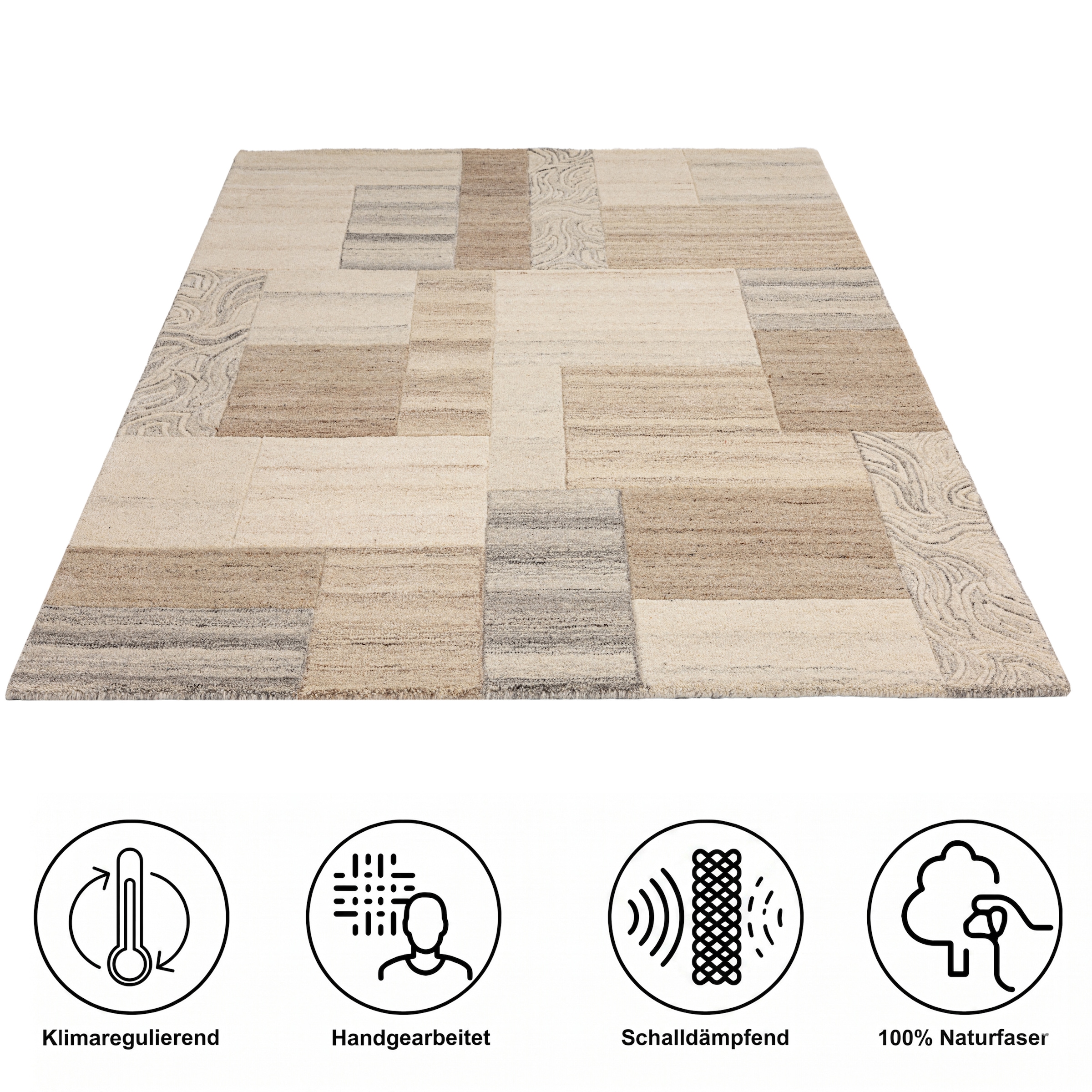 THEKO Tapis en laine »Lola, Wolle, handgearbeitet, Patchwork Design, handgetuftet« Rectangulaire 12 mm Höhe salon, chambre, salle à manger, aussi en coureur et rond