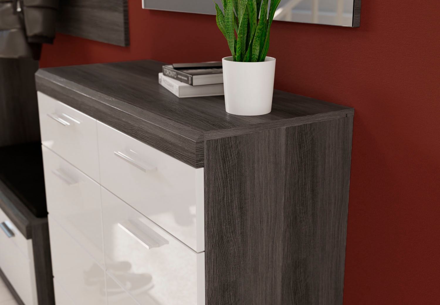 INOSIGN Schuhschrank »Siena, Breite 90 cm, 2 Türen, 2 Einlegeböden, 3 Fächer, 2 Schubkästen«, Front-Rillenfräsung, Schuhkommode, Kommode, Anrichte, Sideboard